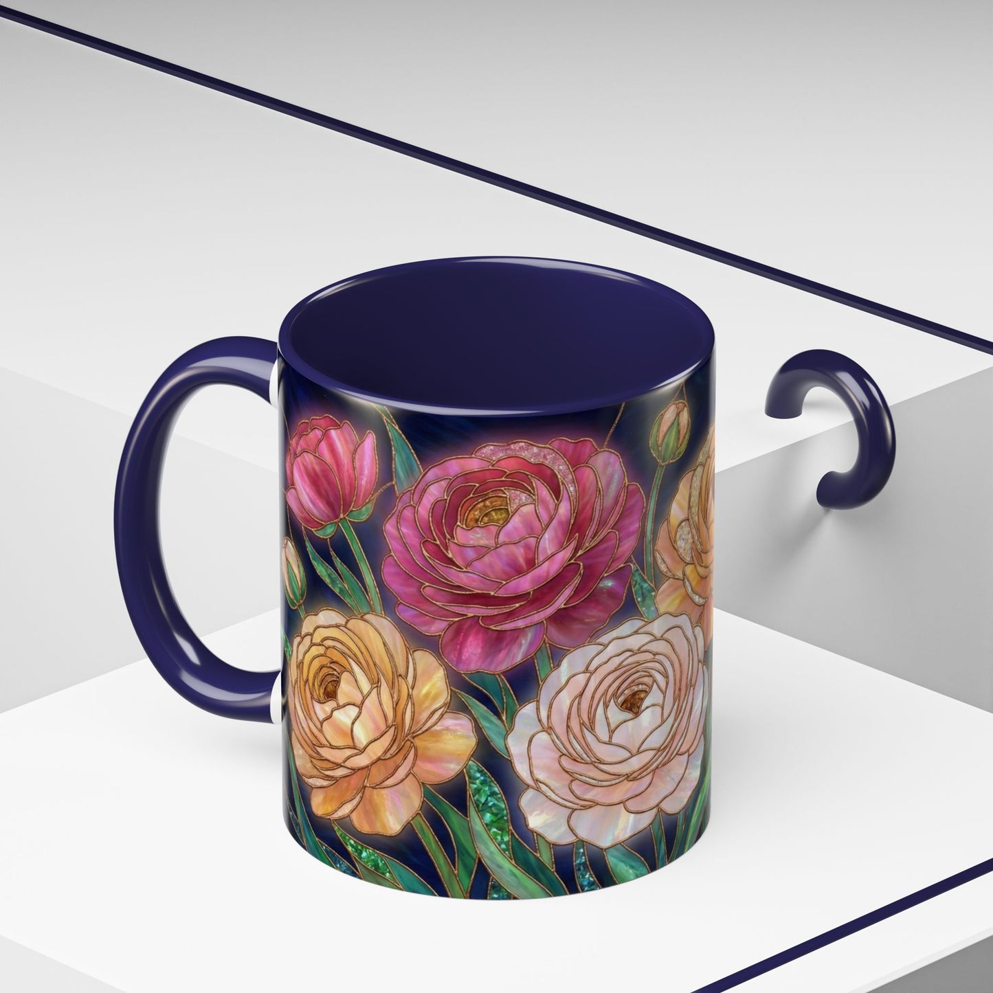 Ranunculus Floral Accent Coffee Mug — Stained Glass Design (11/15oz) - 14584