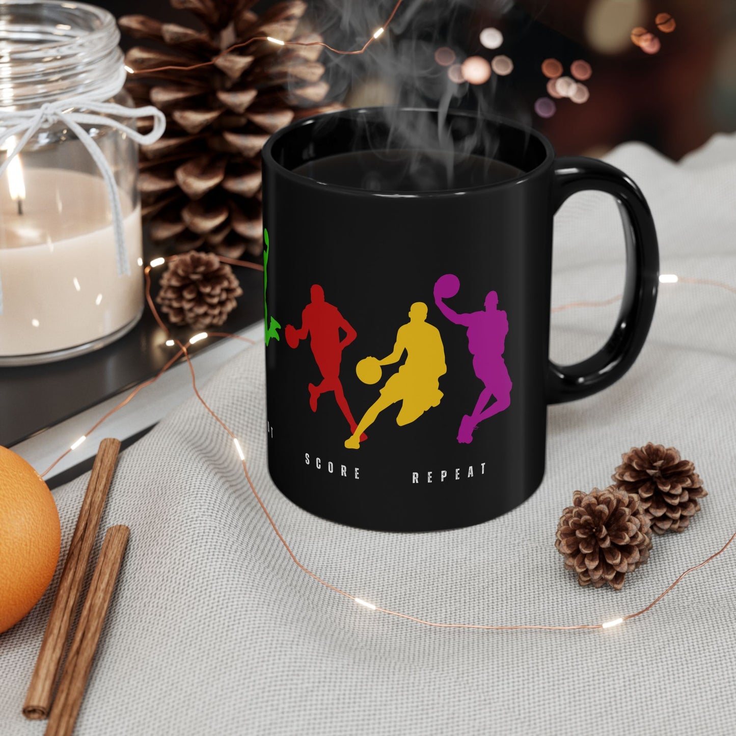 Dribble, Shoot, Score & Repeat, Basketball -  Black Mug (11oz, 15oz) - 10300