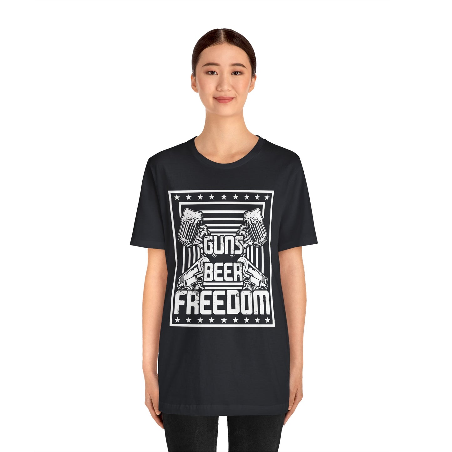 4th of July, Guns Beer Freedom Unisex Tee, Casual Shirt, Patriotic Apparel, Gift for Him, Party Tee, Everyday Wear - 13598