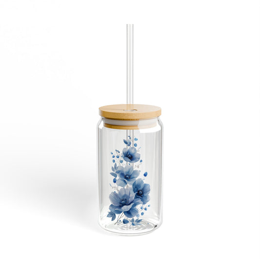 Elegance in Azure Petals,  Customizable - Sipper Glass, 16oz