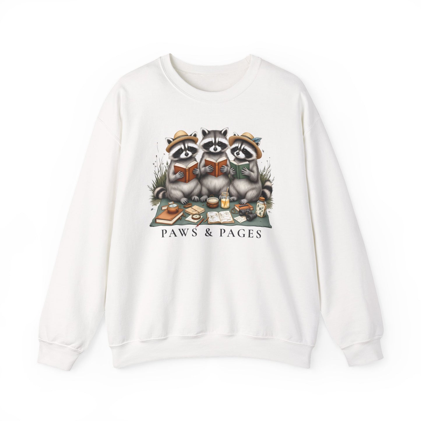 Paws & Pages Raccoon Reading Sweatshirt – Cozy Book Lover Crewneck, Cute Reader Gift - 14817