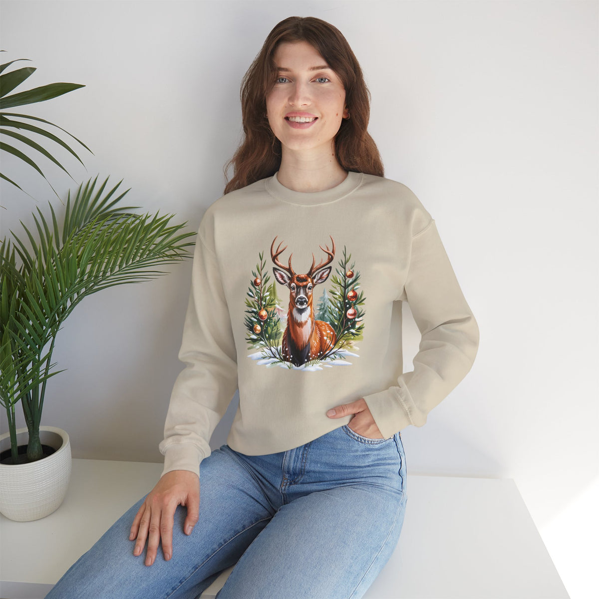Christmas Deer Sweatshirt, Vintage Woodland Holiday Crewneck - 14562