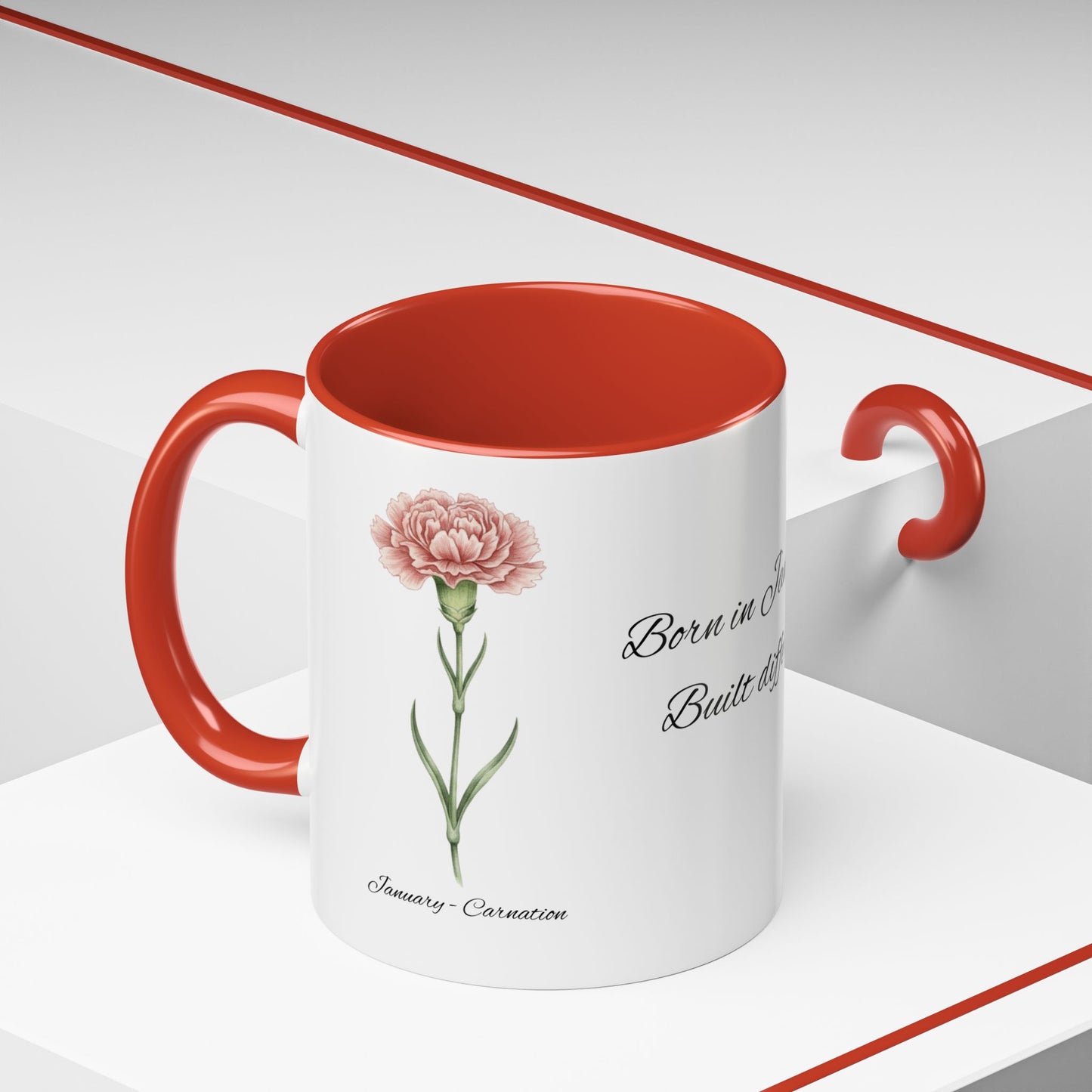 January Carnation Accent Coffee Mug – Birth Flower Mug, Customizable (11oz / 15oz) - 14668