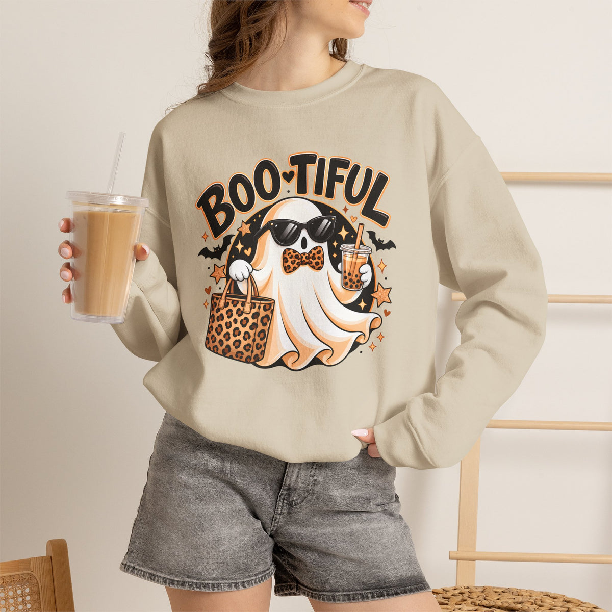 Boo-tiful Halloween Ghost Sweatshirt,  Leopard Print Crewneck - 14523