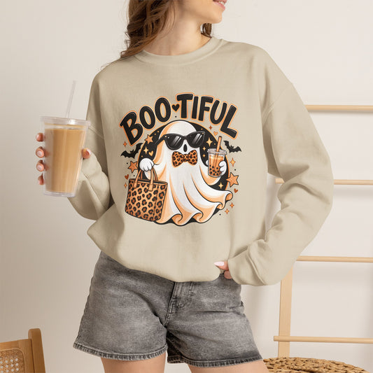 Boo-tiful Halloween Ghost Sweatshirt,  Leopard Print Crewneck - 14523