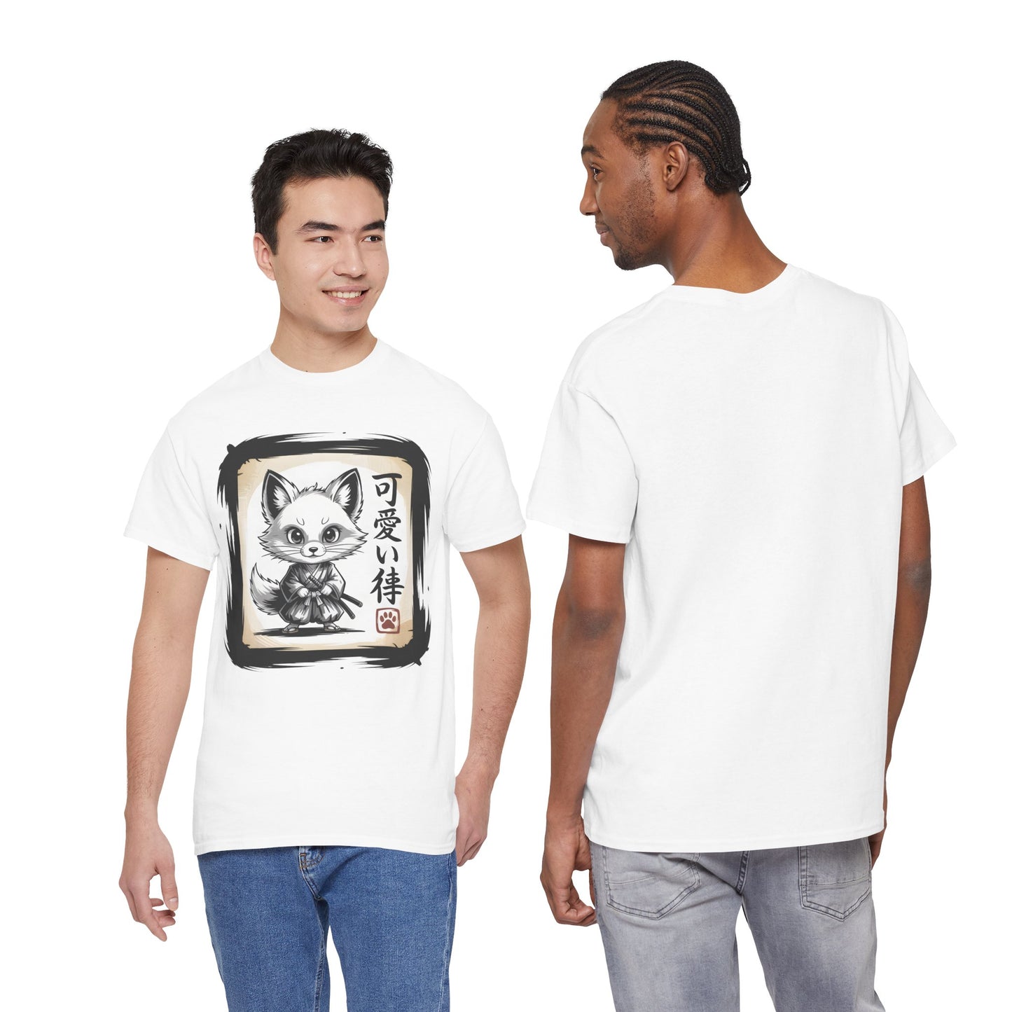 Fox Spirit Tee – Kawaii Fox Samurai with Japanese Calligraphy T-Shirt - 14911