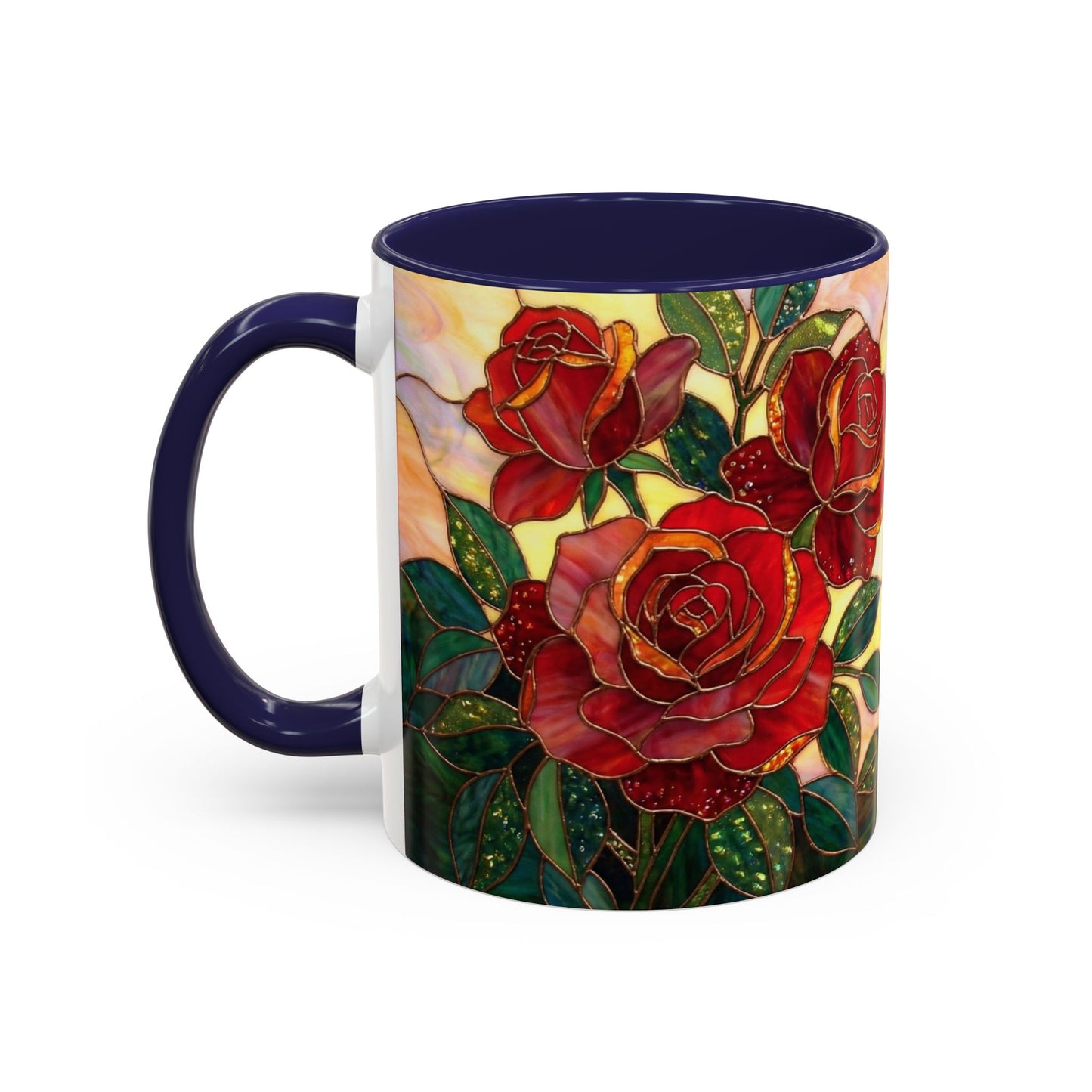 Rose Stained Glass Accent Coffee Mug – Red Roses Floral 11/15oz - 14539