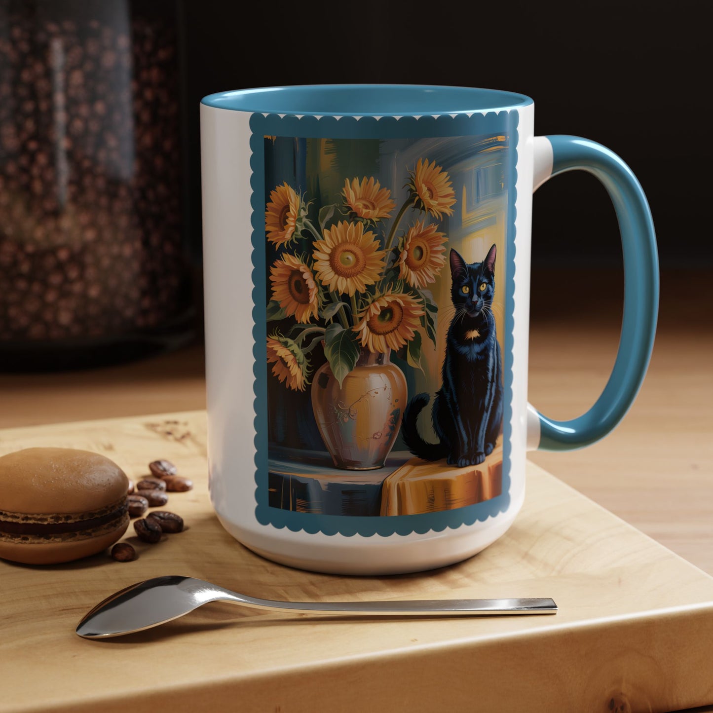 Van Gogh Style Black Cat & Sunflowers Accent Mug – Art Lover Coffee Cup (11oz / 15oz) - 14765