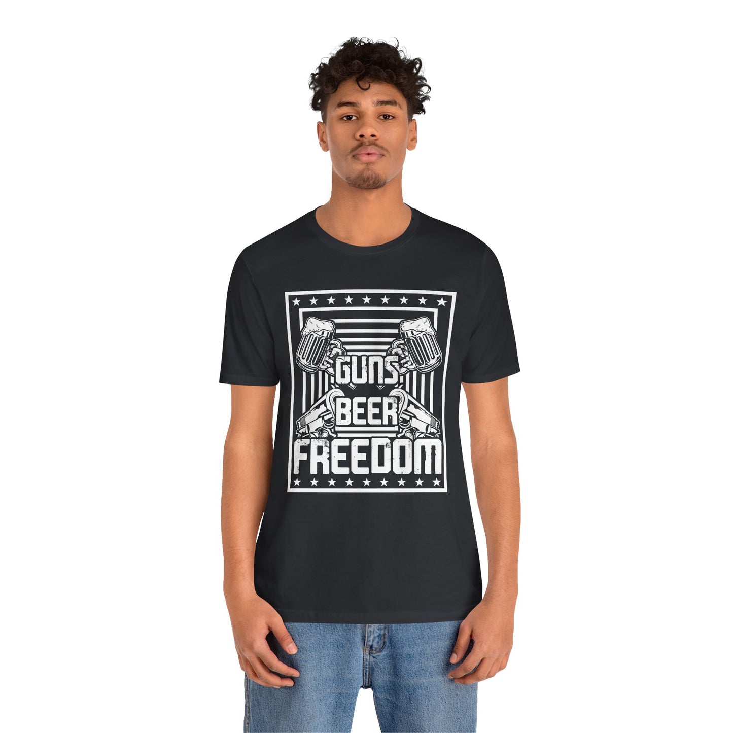 4th of July, Guns Beer Freedom Unisex Tee, Casual Shirt, Patriotic Apparel, Gift for Him, Party Tee, Everyday Wear - 13598