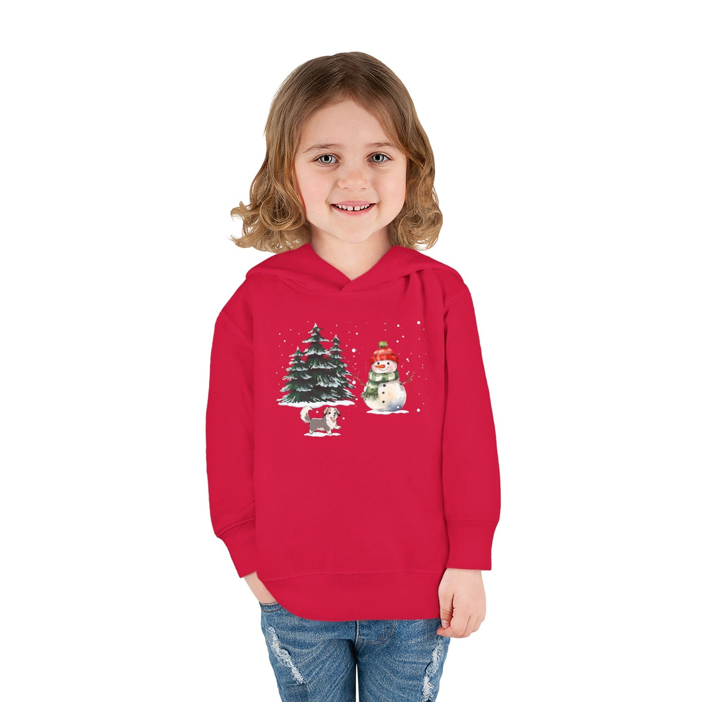 Winter Trees, Snowman & Puppy - Toddler Pullover Fleece Hoodie - 10270