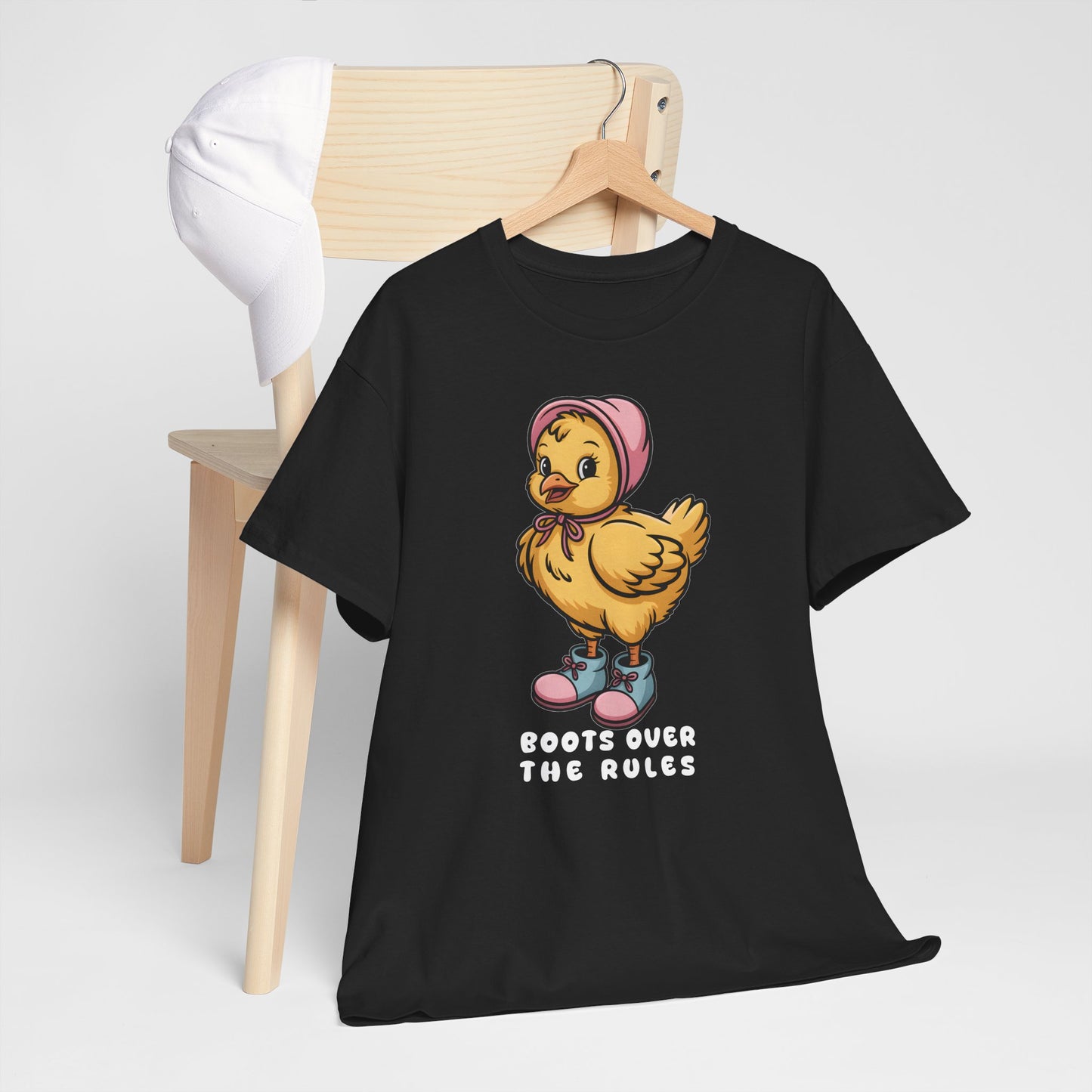 Cute Chick in Boots T-Shirt – “Boots Over The Rules” Funny Chicken Graphic Tee Gift - 14858