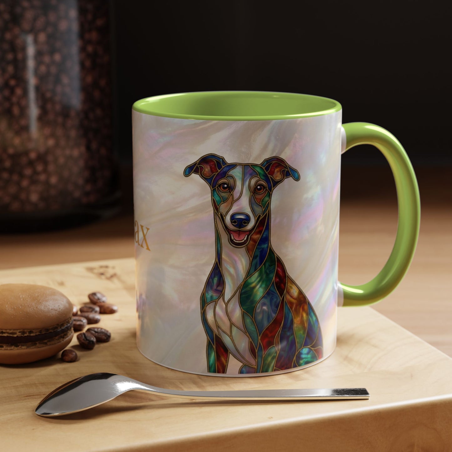 Personalized Greyhound Coffee Mug – Stained Glass Dog Accent Mug (Name Customizable)  - 14523