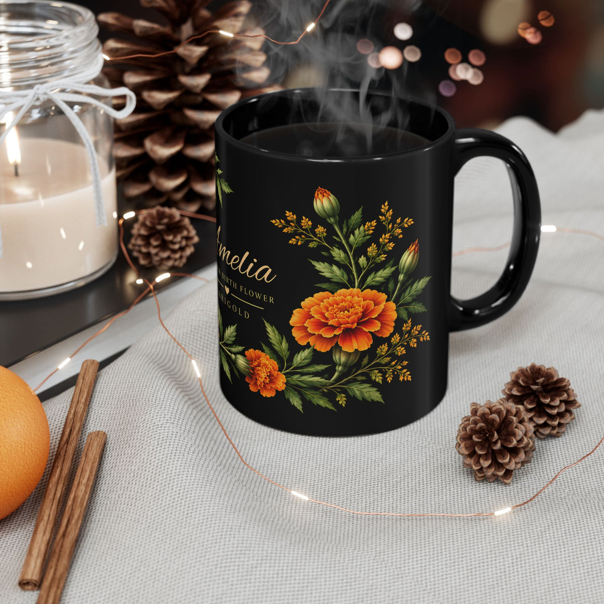 Personalized October Birth Flower Mug,  Marigold Black Coffee Cup, Custom Name 11oz/15oz - 14976
