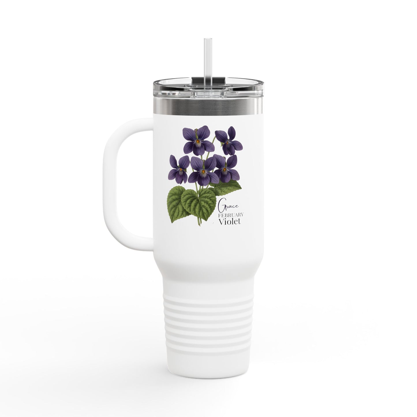 Violet Floral Tumbler – February Birth Flower Gift | 40oz Insulated Travel Mug, Customizable — 14688