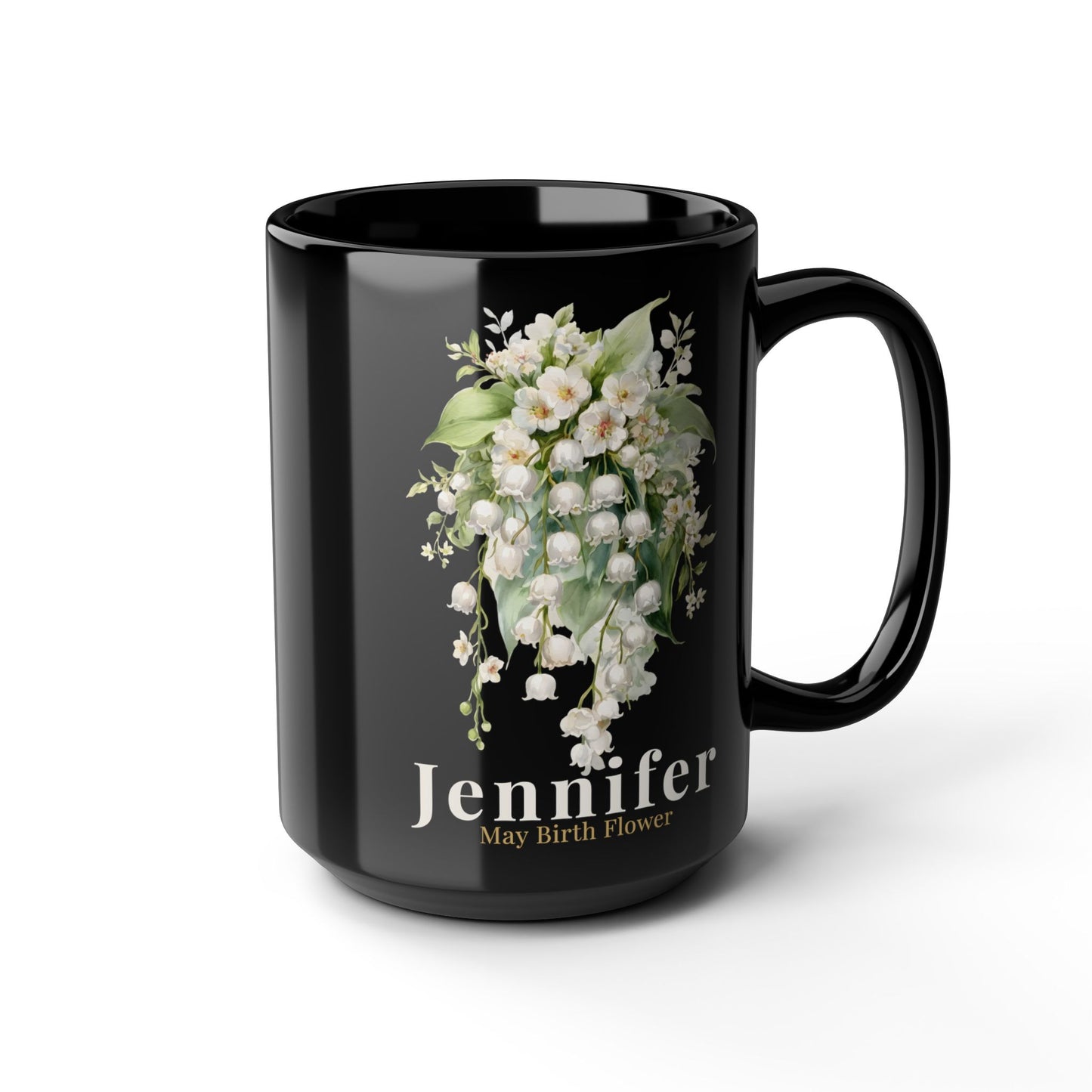 Custom Name May Birth Flower Mug – Lily of the Valley Personalized 15oz Black Mug Gift for Her - 14885