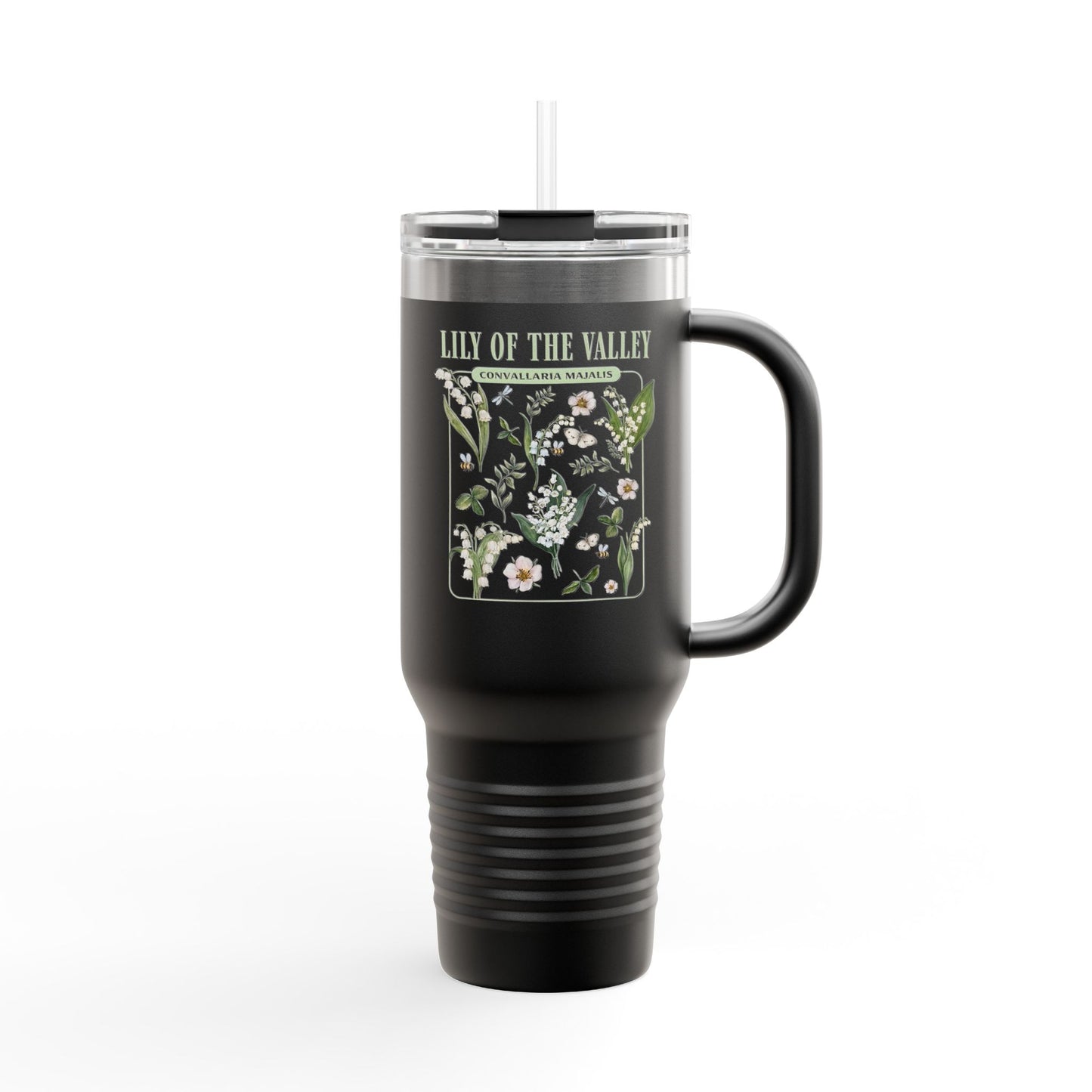 Lily of the Valley 40oz Insulated Travel Mug – Botanical Floral Tumbler with Handle & Straw - 14889