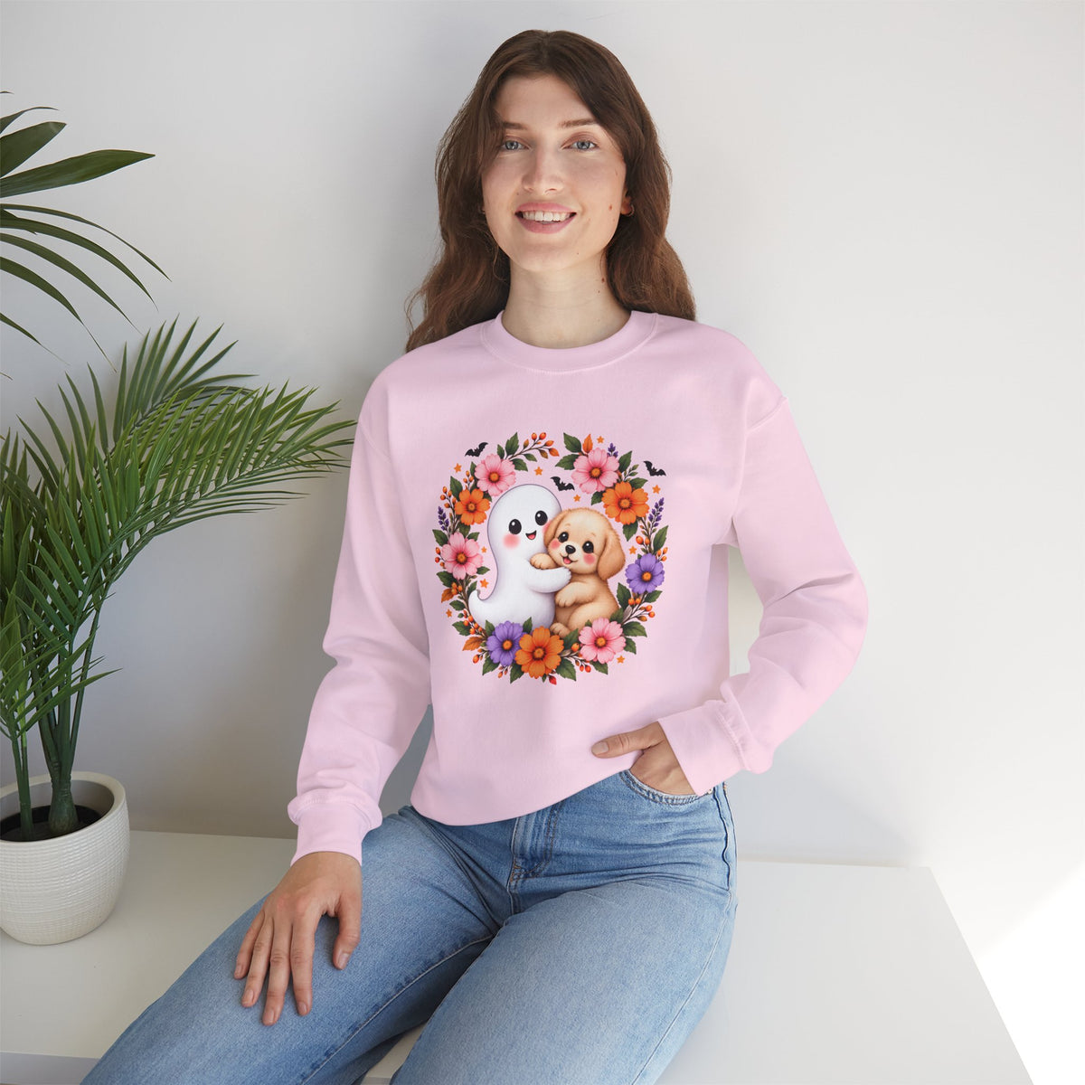 Cute Ghost & Puppy Halloween Sweatshirt,  Floral Crewneck - 14515