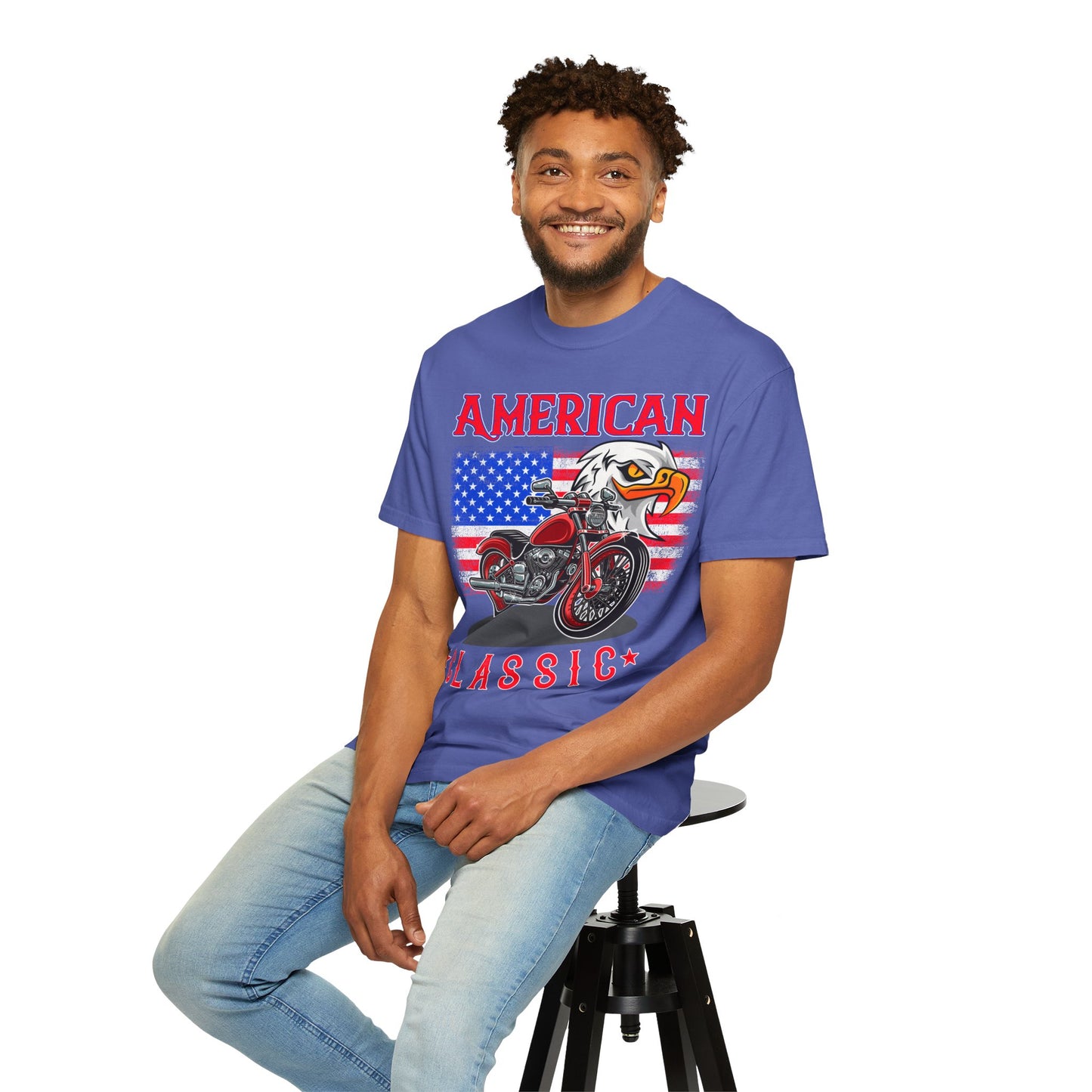 American Classic Tee, Unisex Garment-Dyed T-shirt, Biker Gift, Patriotic Apparel, Rider and Eagle Fashion, Vintage Style - 13658