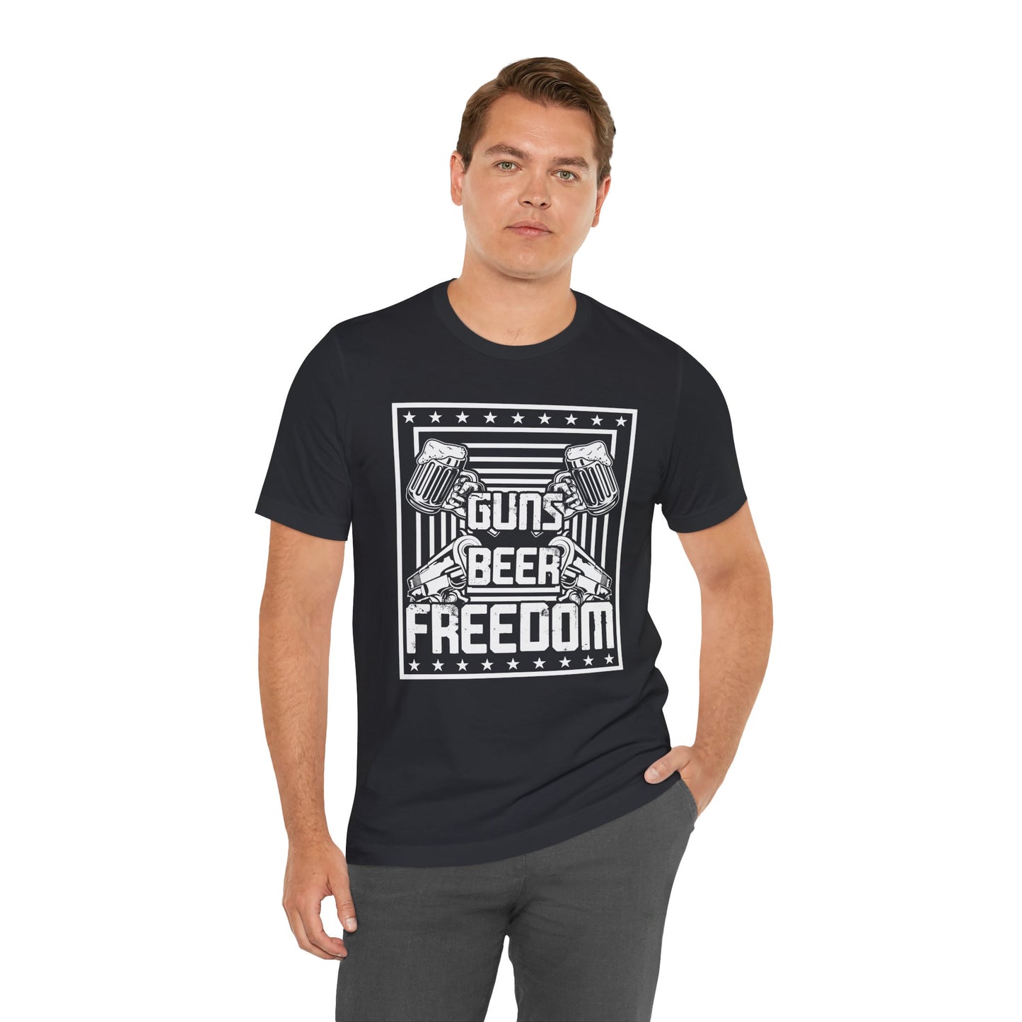 4th of July, Guns Beer Freedom Unisex Tee, Casual Shirt, Patriotic Apparel, Gift for Him, Party Tee, Everyday Wear - 13598