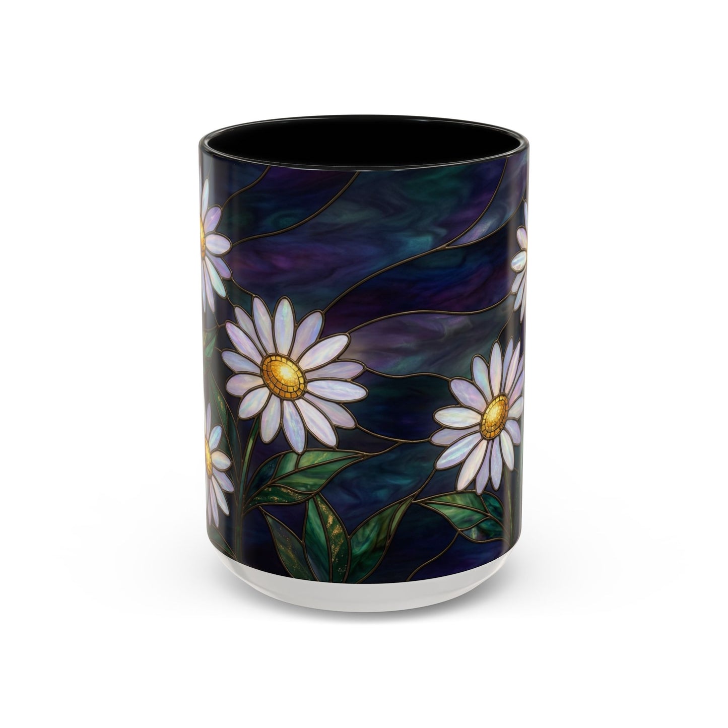Daisy Stained Glass Accent Coffee Mug — White Daisies on Midnight (11/15oz) - 14535
