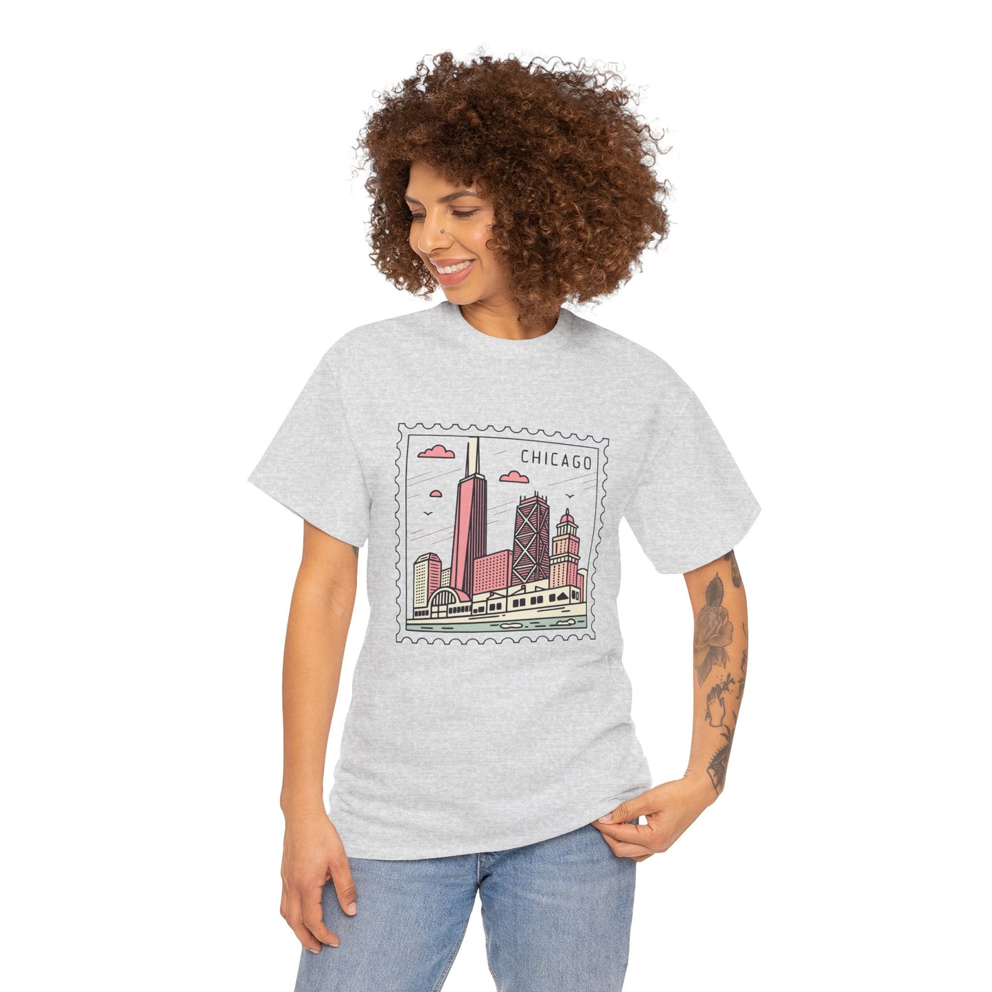 Chicago Skyline Postage Stamp Unisex Heavy Cotton Tee - 12130