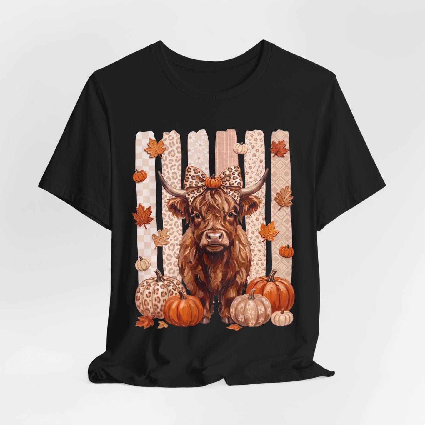 Highland Cow Autumn T-Shirt — Pumpkin & Leaves Fall Graphic Tee - 14942