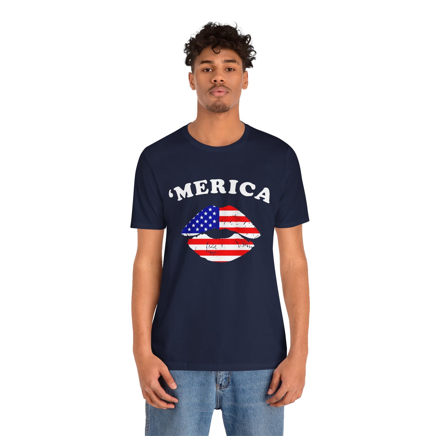 'Merica Unisex Jersey Tee, Patriotic Short Sleeve Shirt, USA Flag Design, Independence Day Apparel, Festival Wear, Summer Casual - 13519