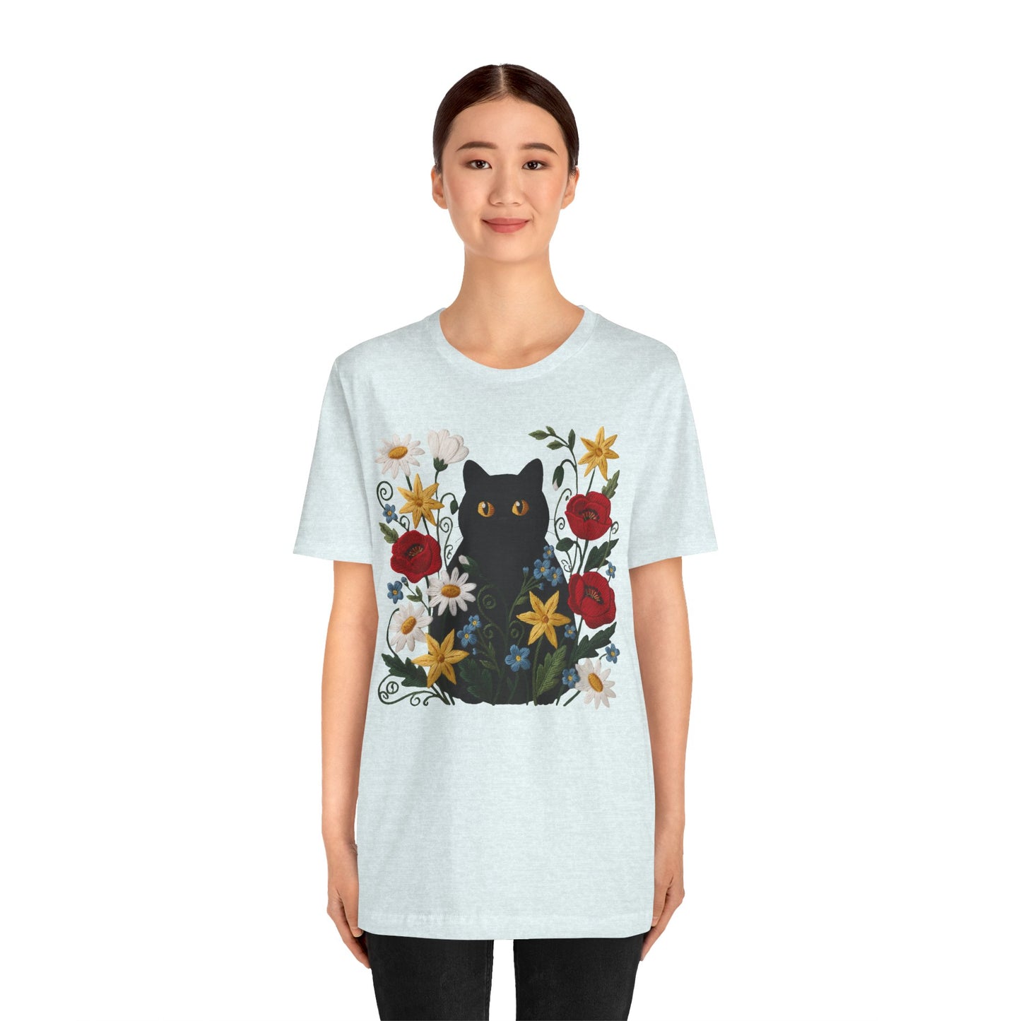 Black Cat in Wildflowers T-Shirt — Floral Cat Tee for Cat Lovers - 14921