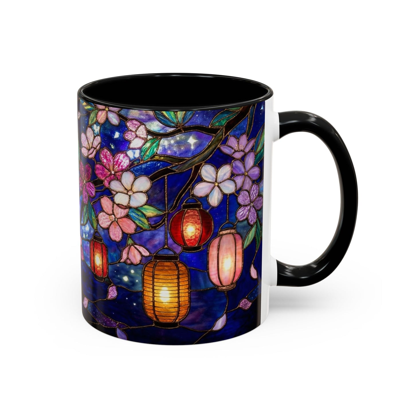 Cherry Blossom Lantern Coffee Mug — Floral Night Sky, Stained Glass Design (11/15 oz) - 14533
