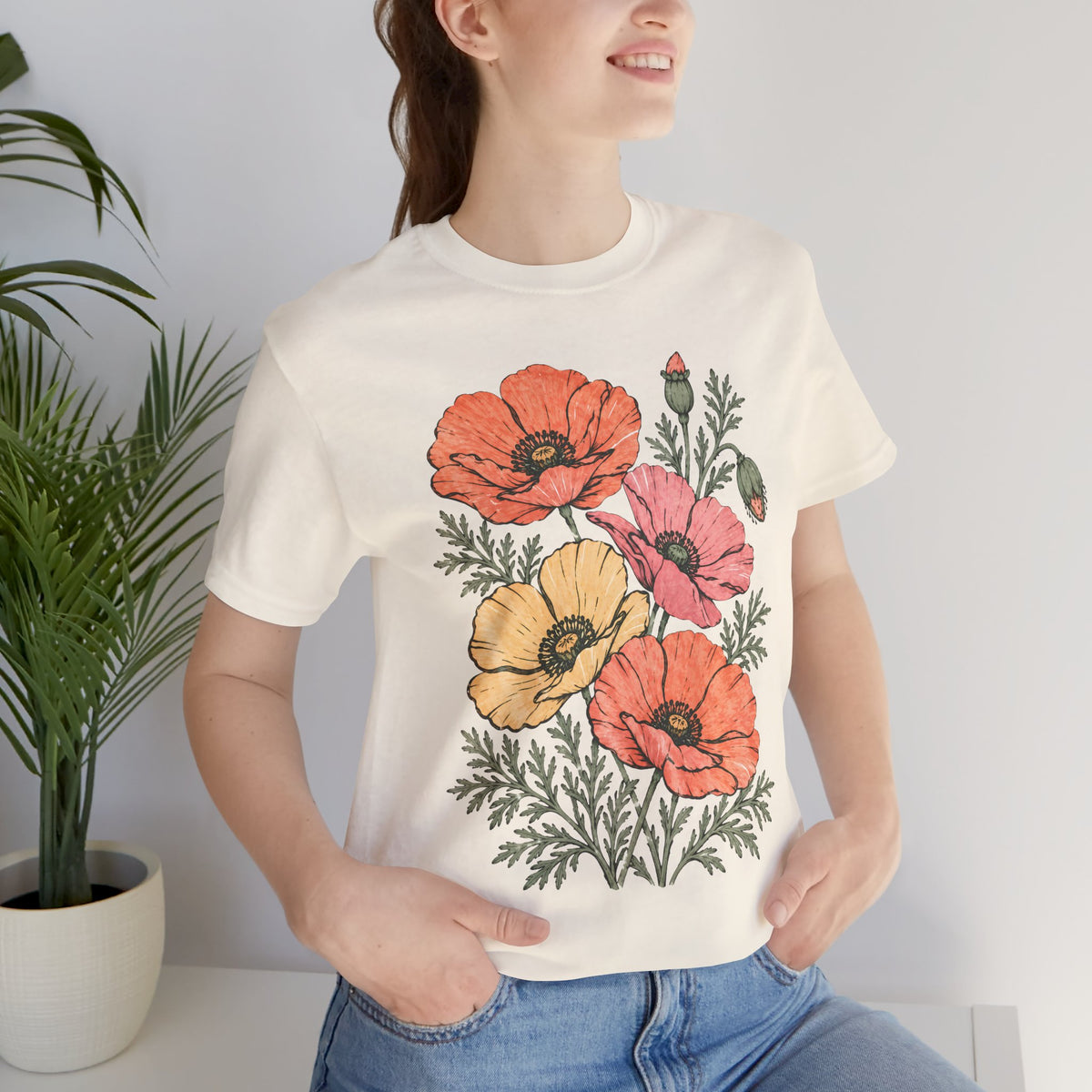 Floral Poppies T-Shirt, Vintage Wildflower Graphic Tee - 14988