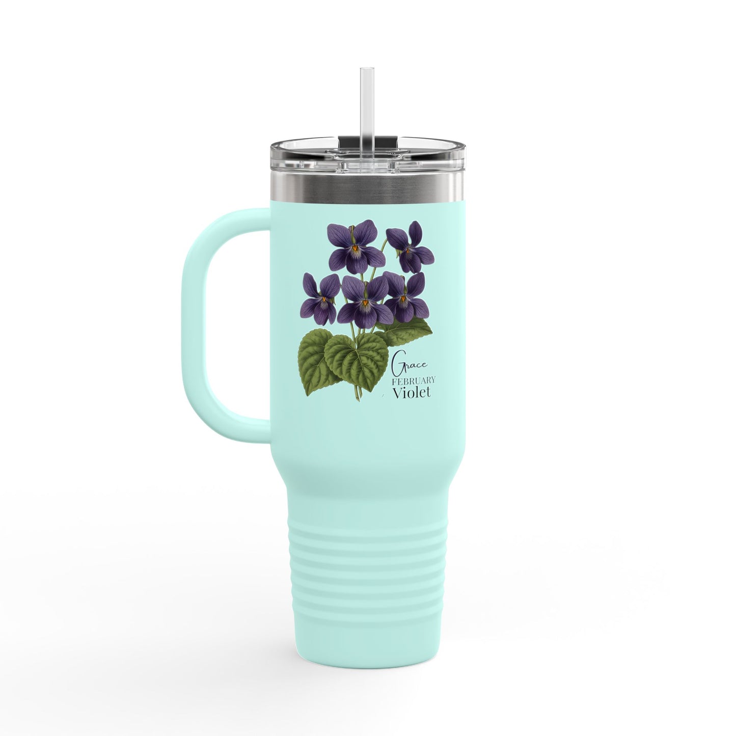 Violet Floral Tumbler – February Birth Flower Gift | 40oz Insulated Travel Mug, Customizable — 14688