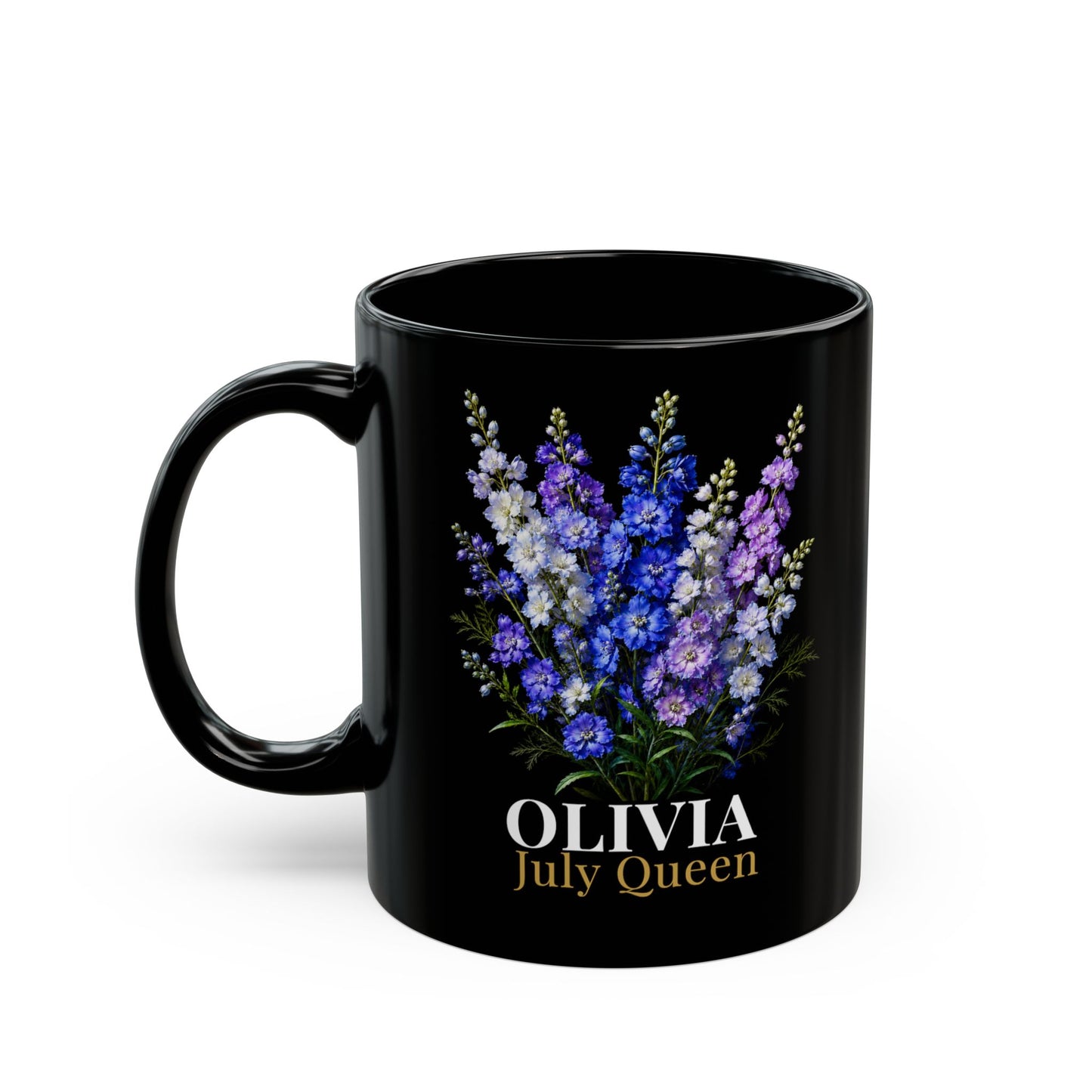 Personalized July Birth Flower Mug – Custom Name Larkspur Floral Coffee Cup, July Queen Gift for Her, Black Mug 11oz 15oz - 14907
