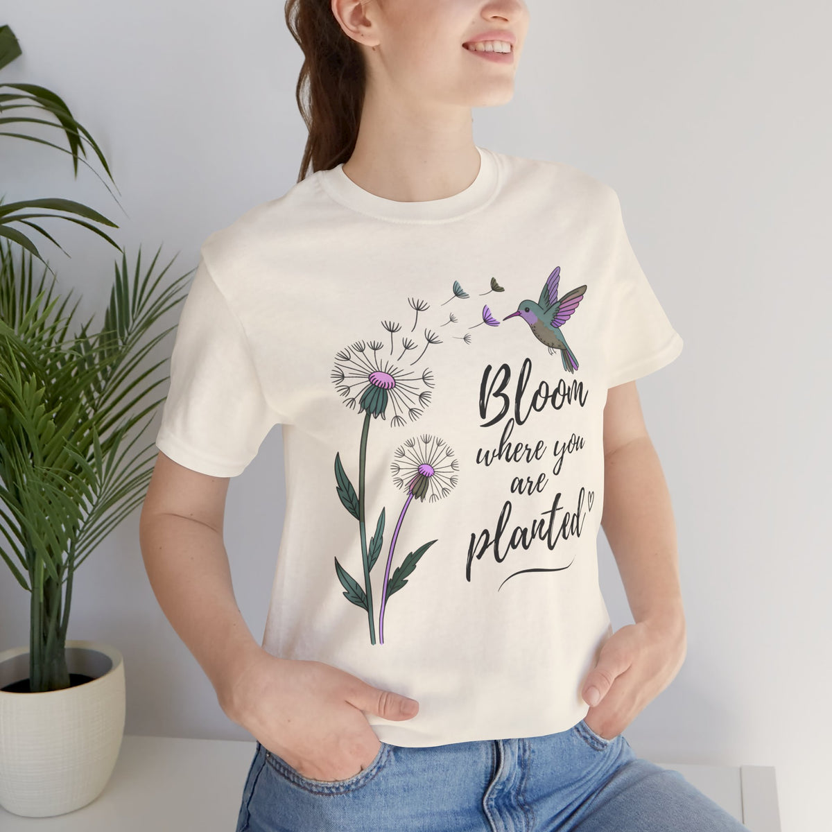 Bloom Where You Are Planted T-Shirt, Hummingbird & Dandelion Floral Graphic Tee - 14927
