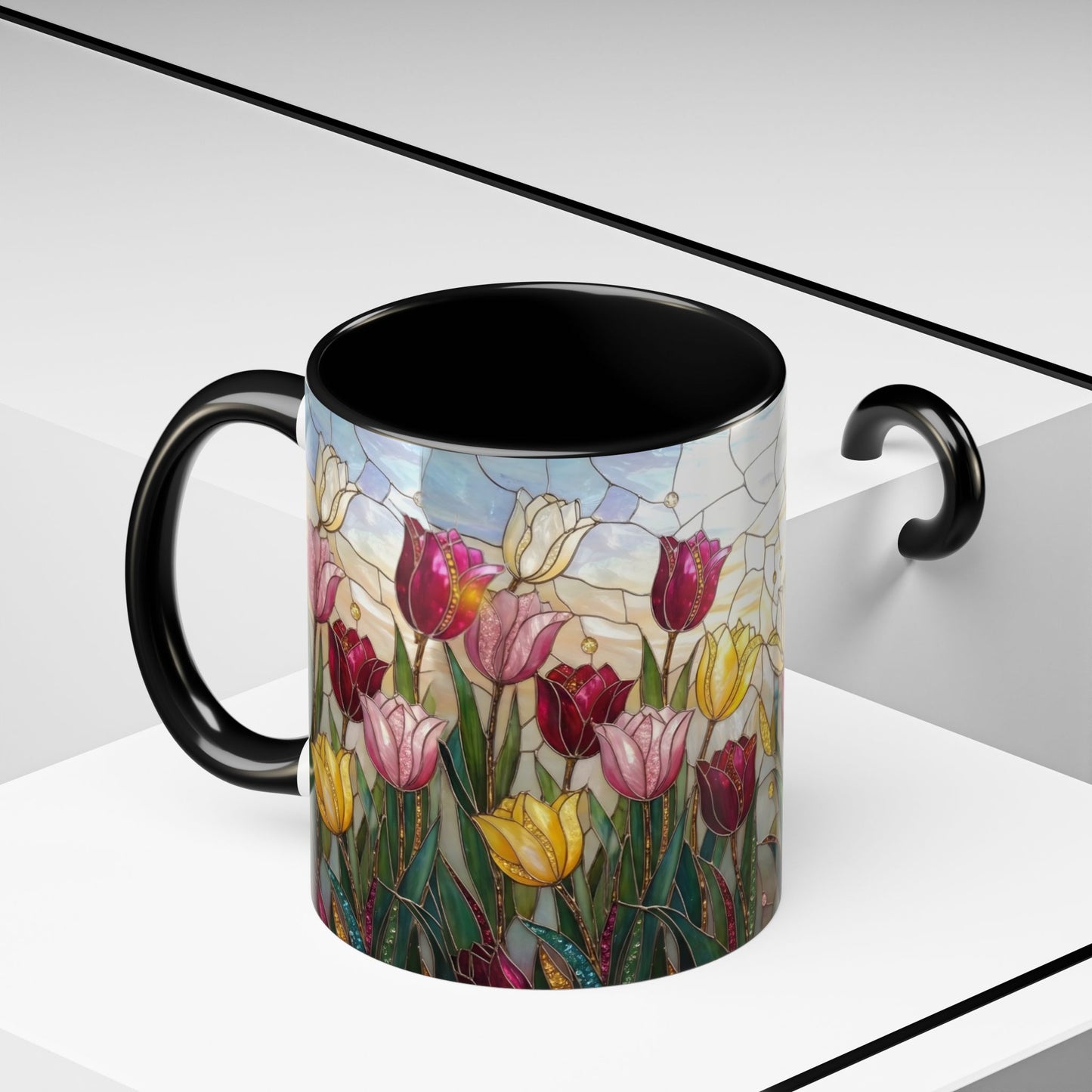 Tulip Stained Glass Accent Coffee Mug — Floral Spring Tea & Coffee Cup (11/15oz) - 14525