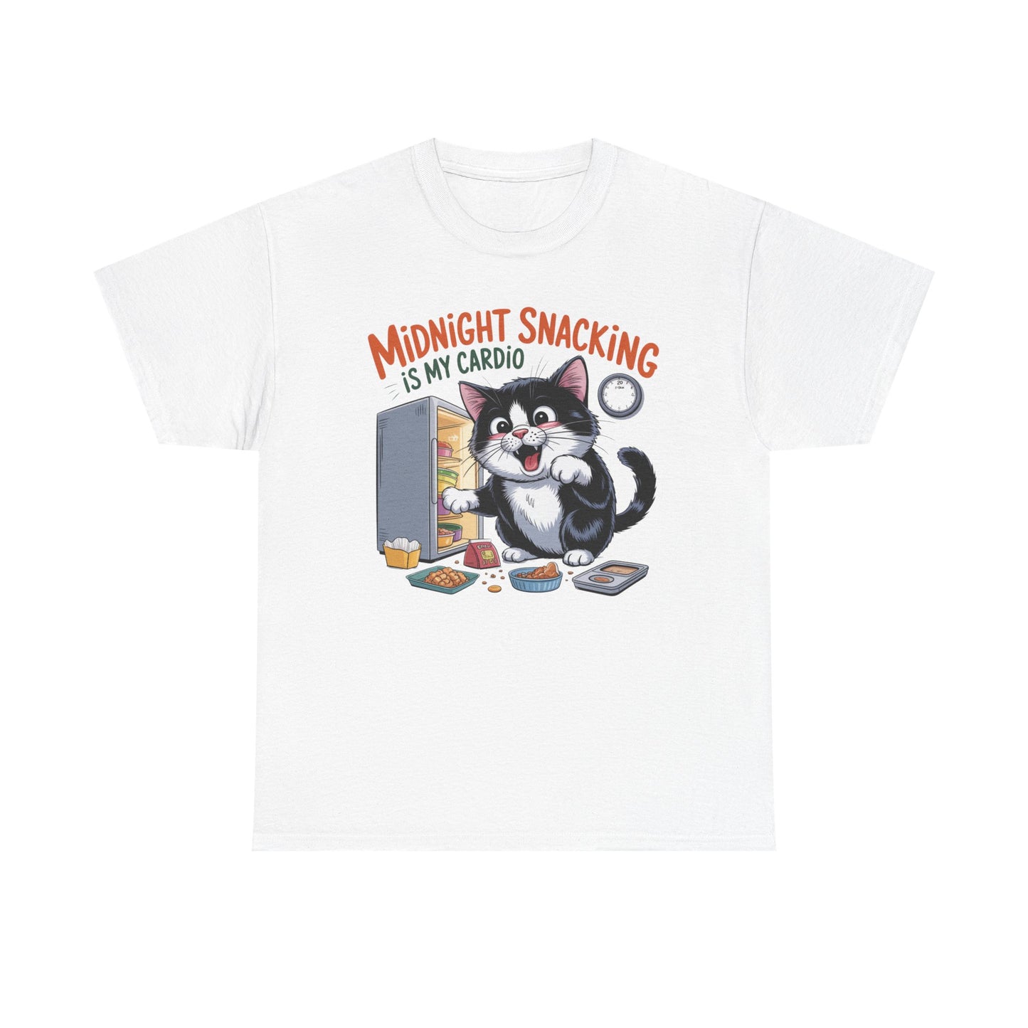 Midnight Snacking Is My Cardio T-Shirt — Funny Cat Graphic Tee, Cute Food Lover Gift - 14865