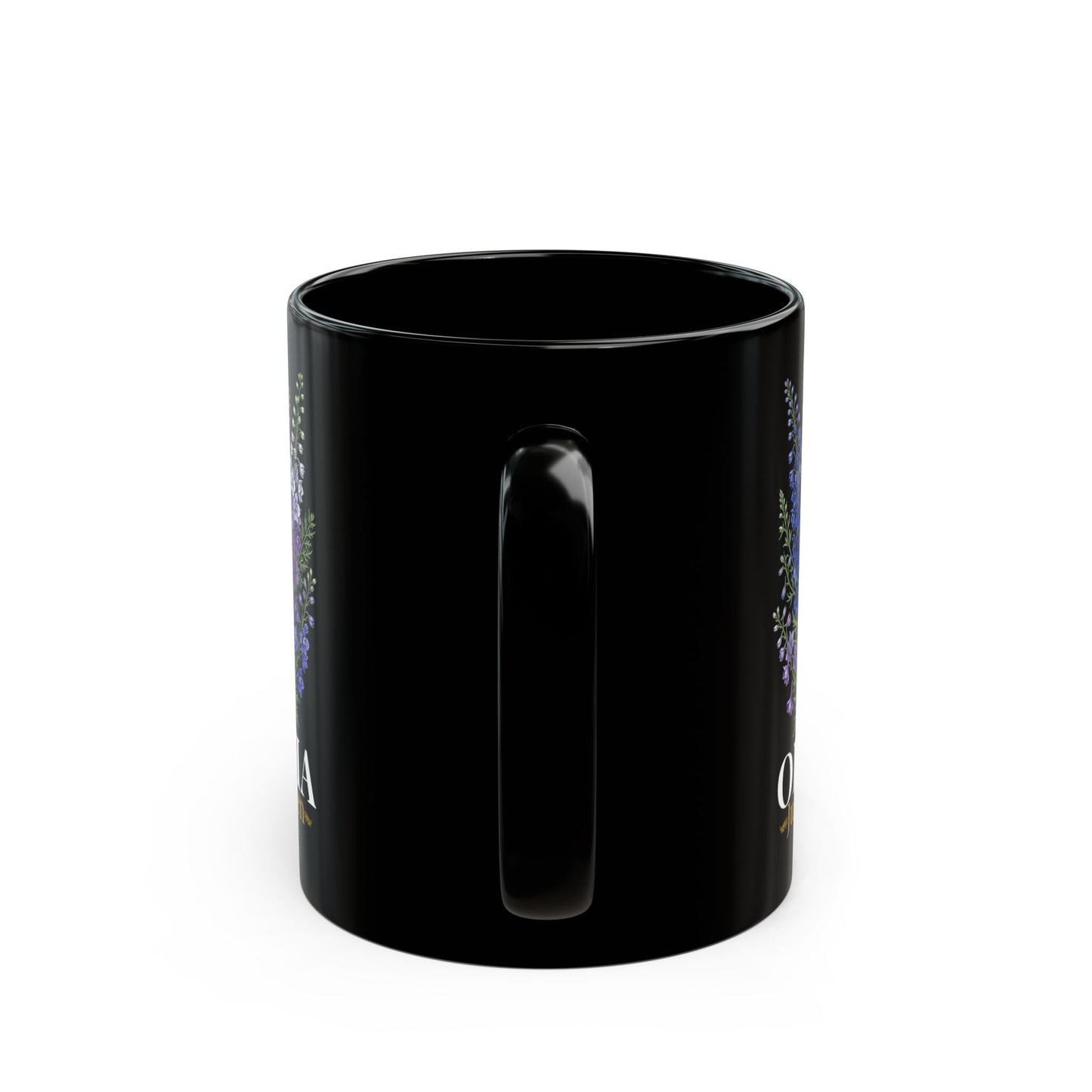 Personalized July Birth Flower Mug – Custom Name Larkspur Floral Coffee Cup, July Queen Gift for Her, Black Mug 11oz 15oz - 14905