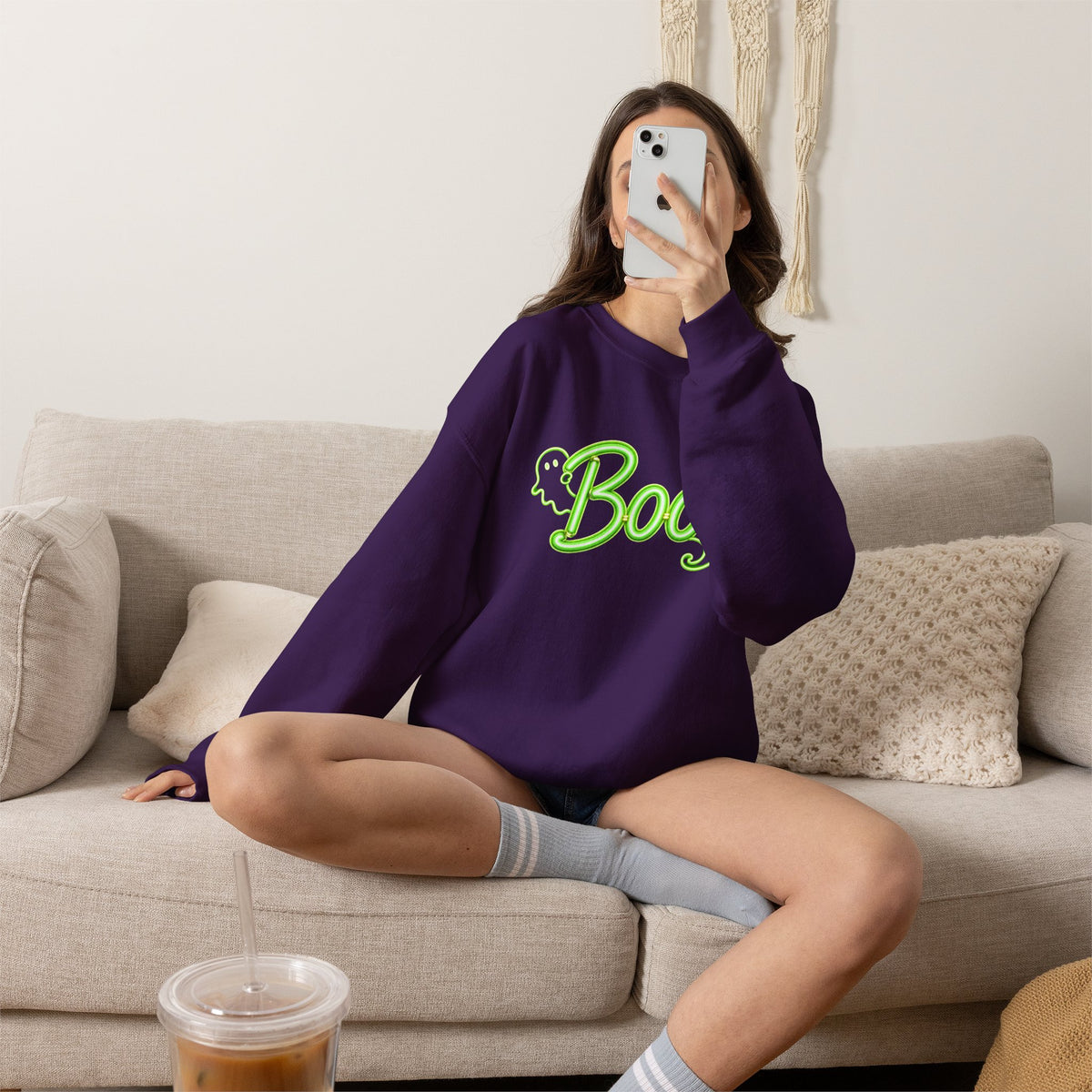 Neon Boo Halloween Sweatshirt, Cute Ghost Crewneck - 14517