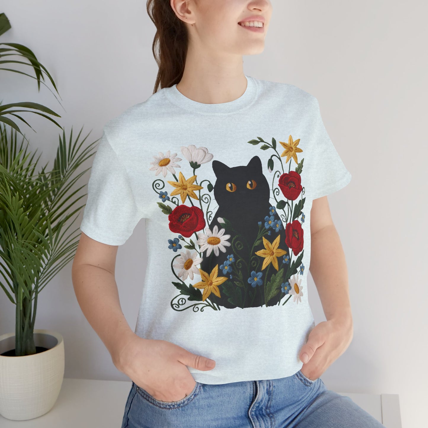 Black Cat in Wildflowers T-Shirt — Floral Cat Tee for Cat Lovers - 14921