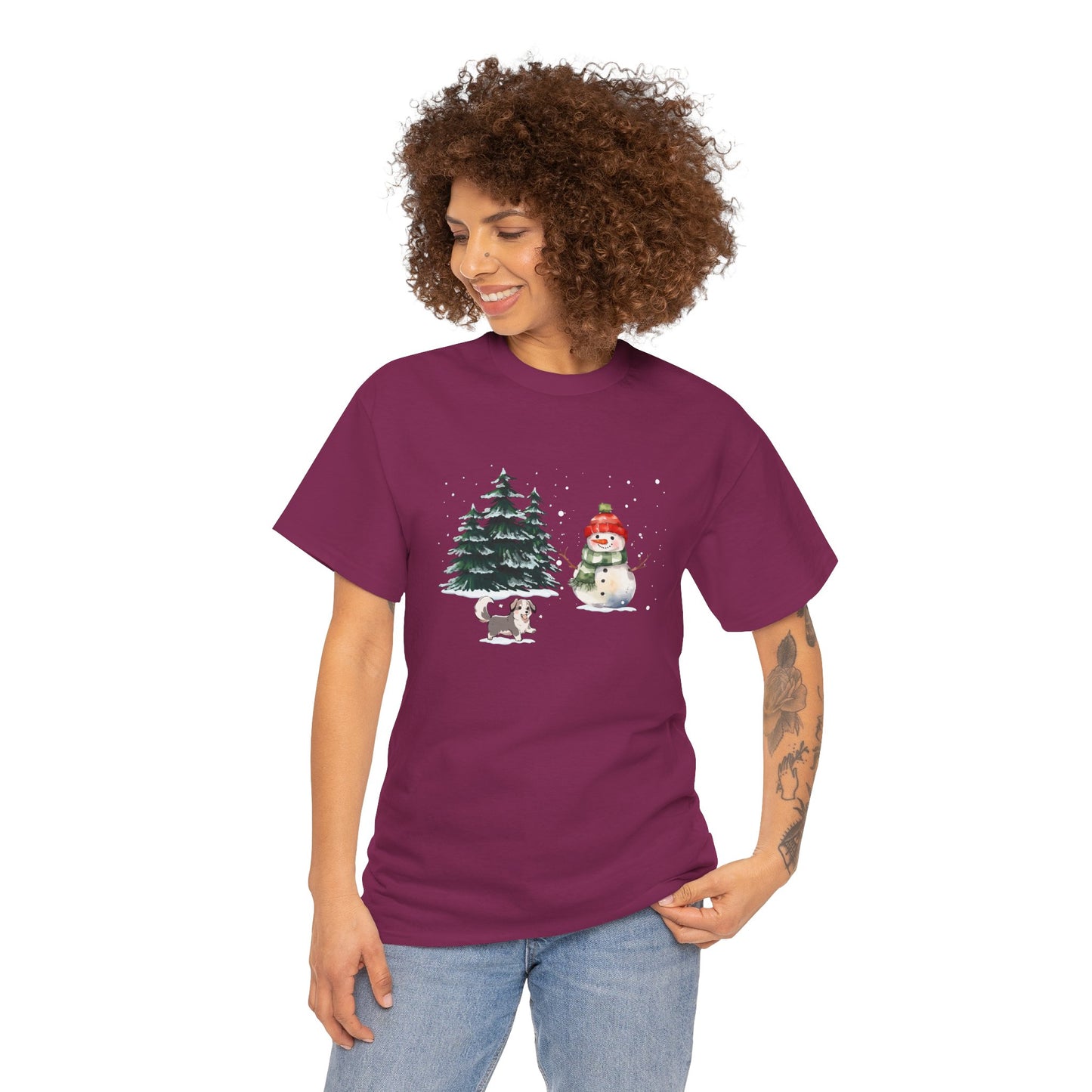 Winter Trees, Snowman & Puppy - Unisex Heavy Cotton Tee - 10278