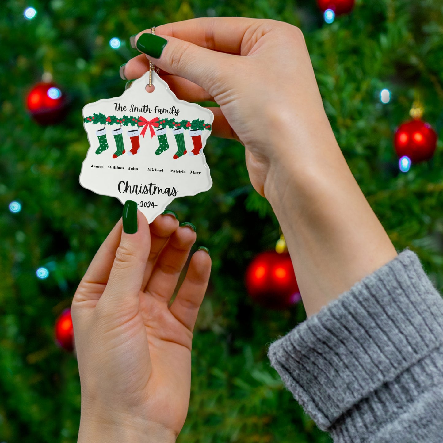 Stockings, Family of 6 - Ceramic Ornament, 2 Shapes, Circle & Snowflake - 10092