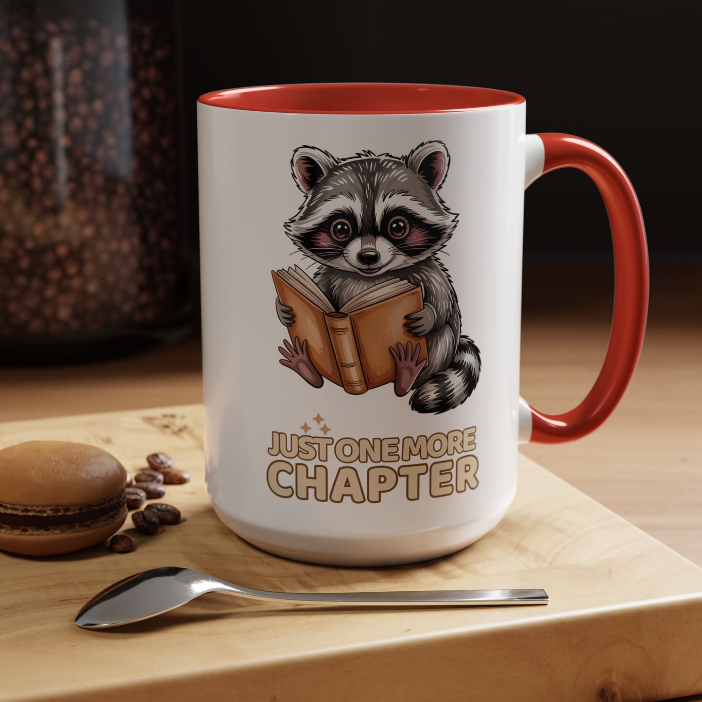 Just One More Chapter Mug – Raccoon Reading Coffee Mug, Book Lover Gift for Teacher or Librarian (11oz / 15oz)- 14792