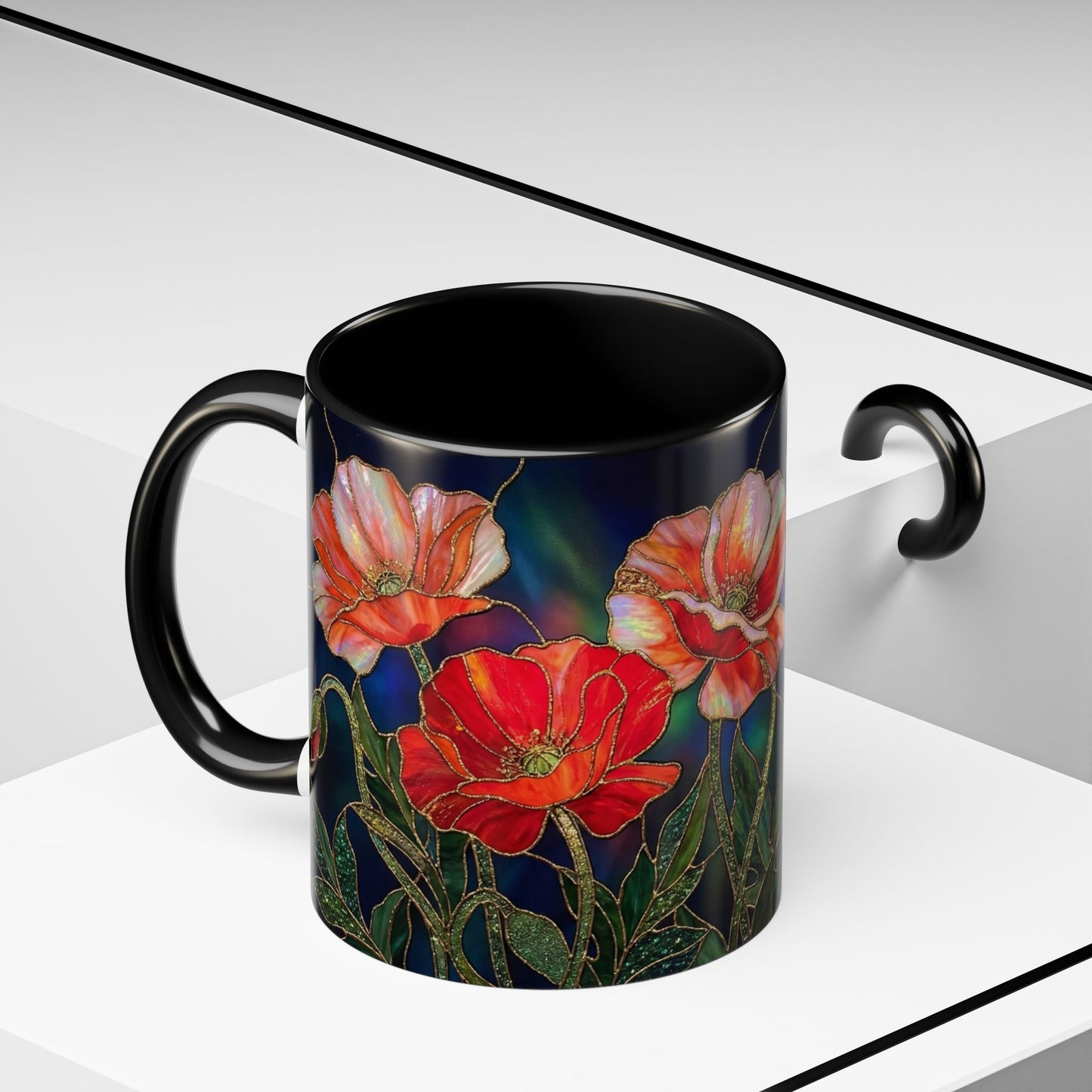 Poppy Floral Accent Coffee Mug — Stained Glass Design 11/15oz - 14582