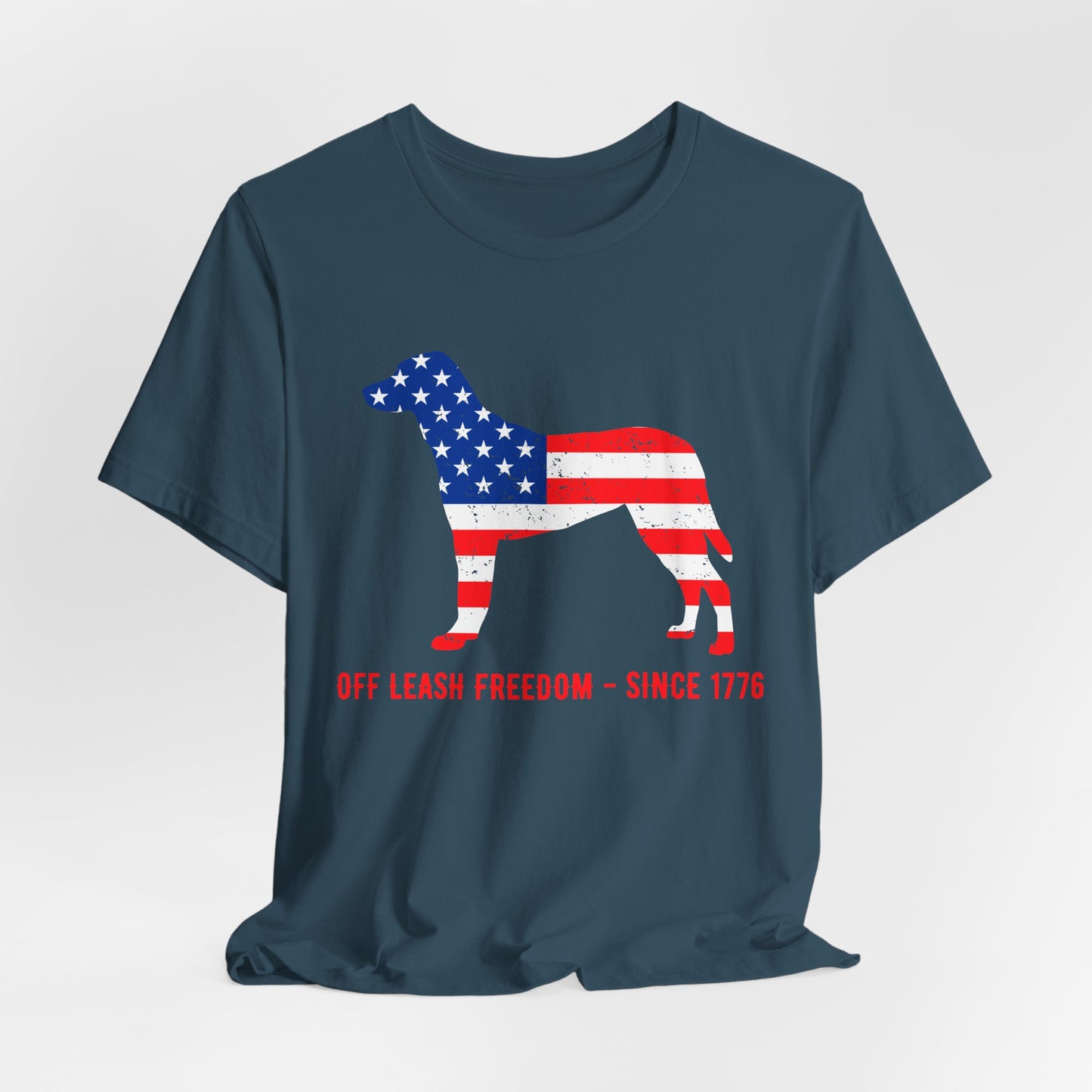 Patriotic Dog Lover Tee | Off Leash Freedom T-shirt, Dog Graphic Shirt, Fourth of July Gift, Casual Wear, Pet Lover Apparel - 13790