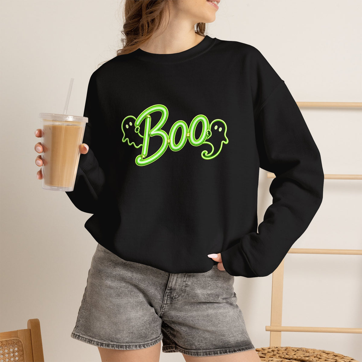 Neon Boo Halloween Sweatshirt, Cute Ghost Crewneck - 14517