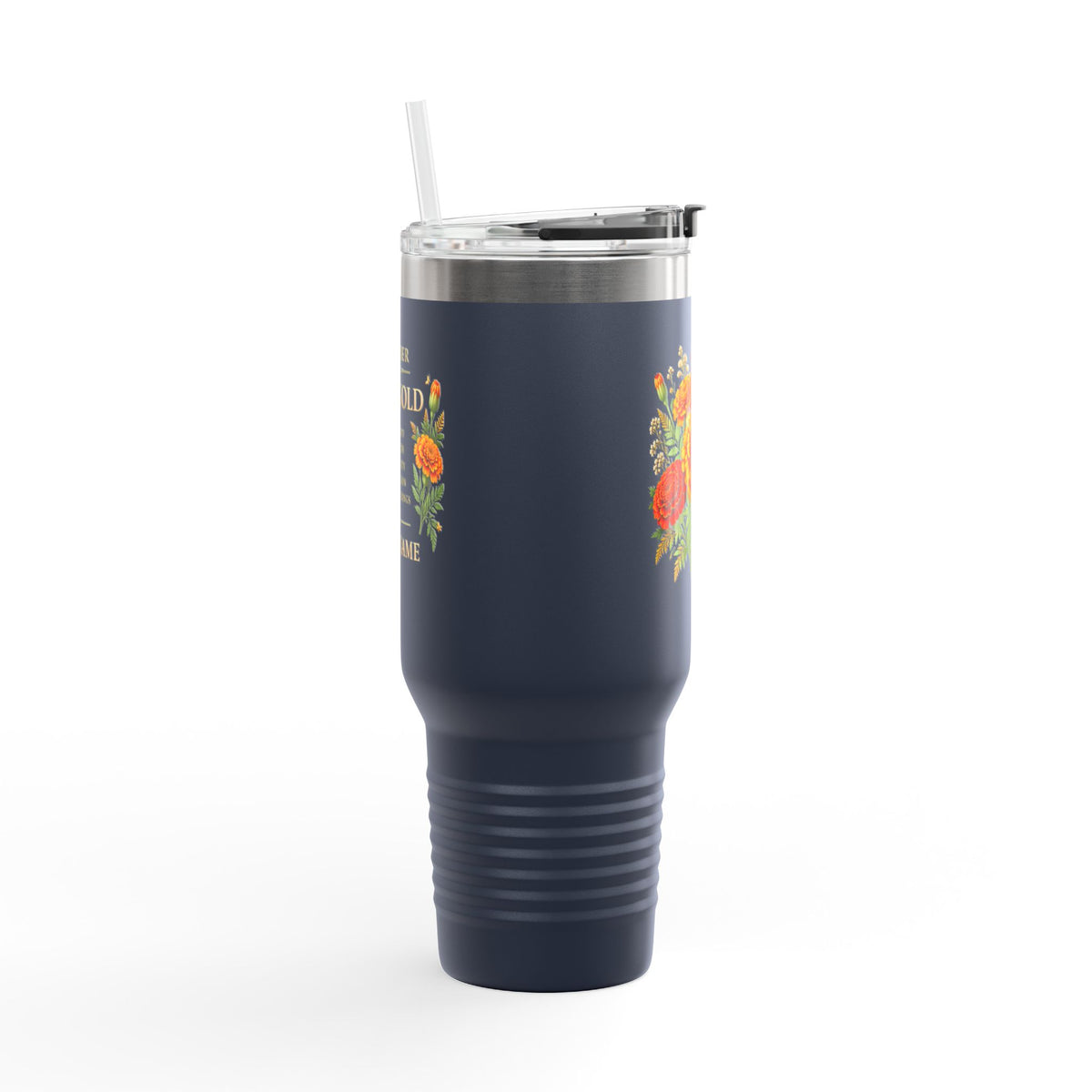Personalized 40oz Marigold Travel Mug, October Birth Flower Tumbler - 14986