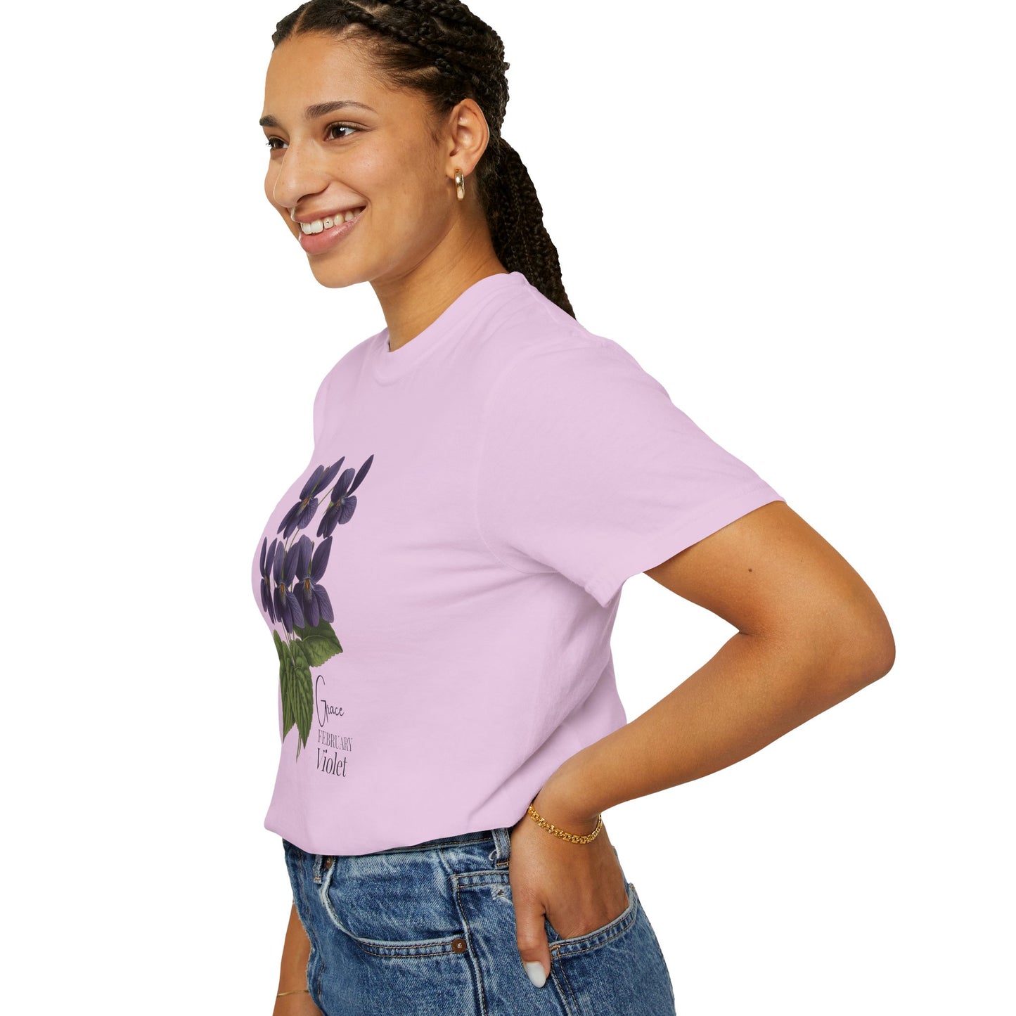 February Birth Flower Violet T-Shirt – Heavyweight Garment-Dyed Tee - 14694