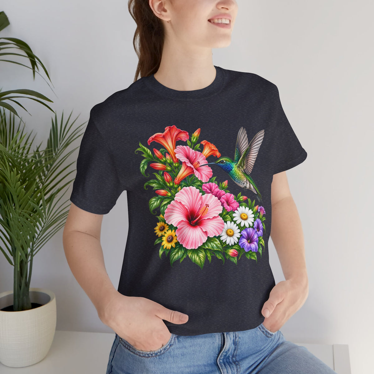 Hummingbird & Hibiscus T-Shirt, Colorful Tropical Floral Garden Tee - 14542