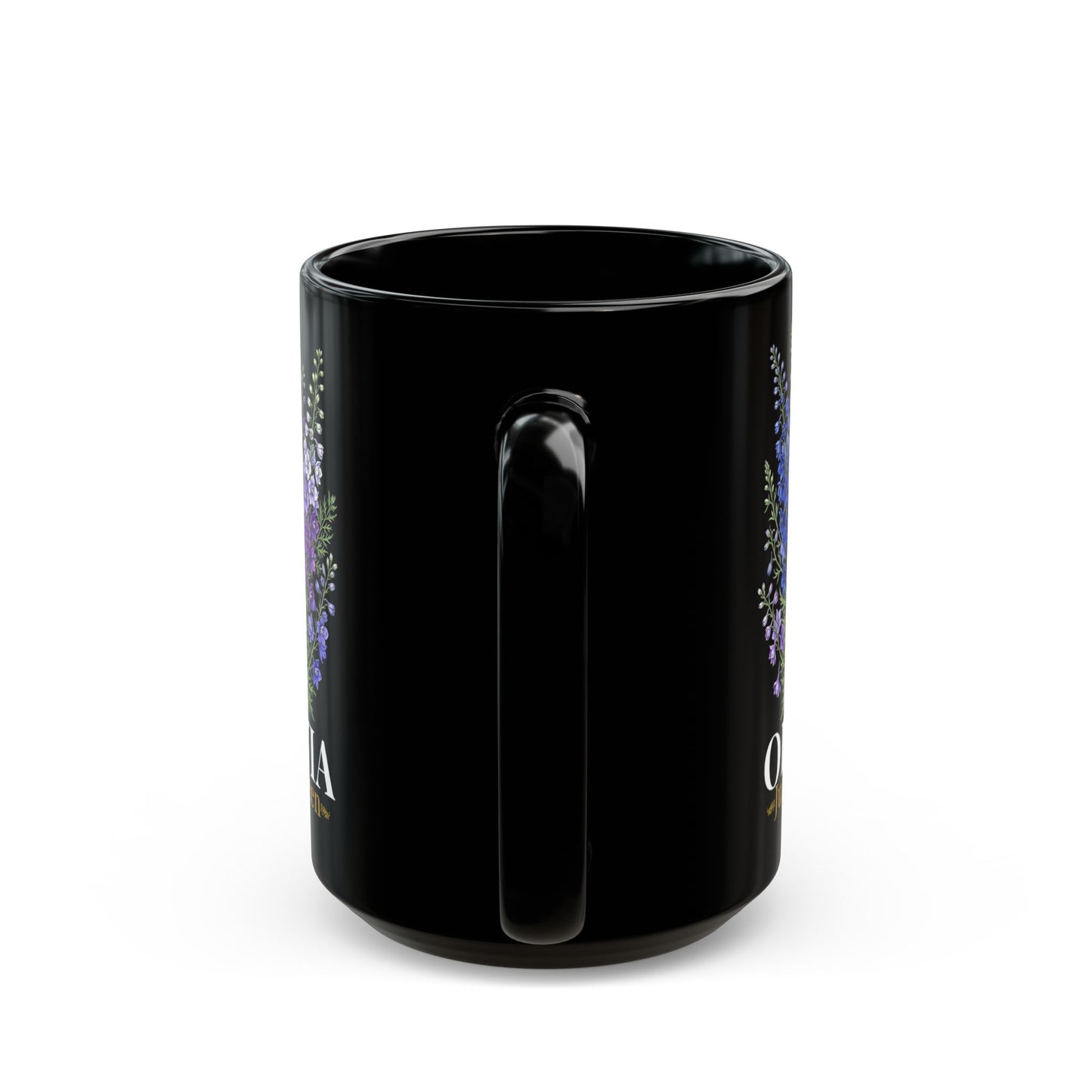 Personalized July Birth Flower Mug – Custom Name Larkspur Floral Coffee Cup, July Queen Gift for Her, Black Mug 11oz 15oz - 14905