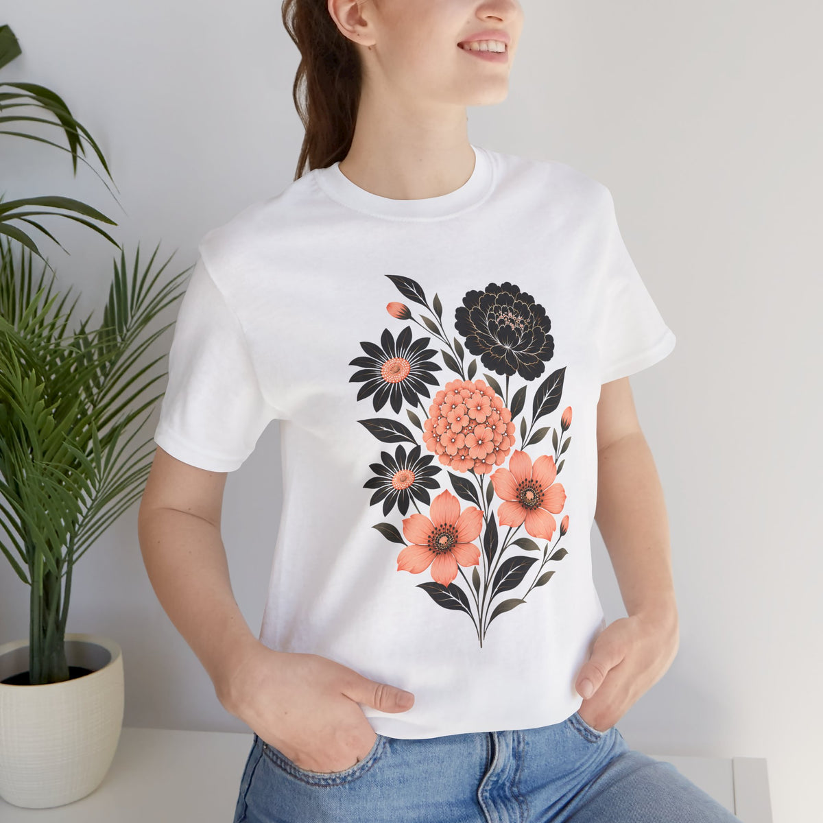Floral Bouquet T-Shirt, Peach & Black Garden Flower Tee - 14502