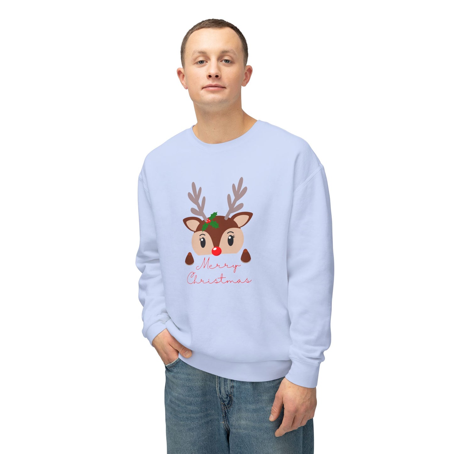 Reindeer, Merry Christmas - Unisex Lightweight Crewneck Sweatshirt - 10491